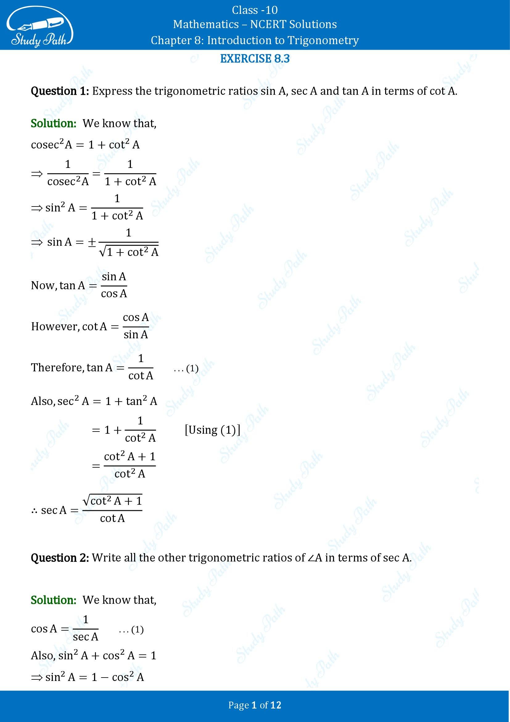 NCERT Solutions for Class 10 Maths Chapter 8 Introduction to Trigonometry Exercise 8.3 00001