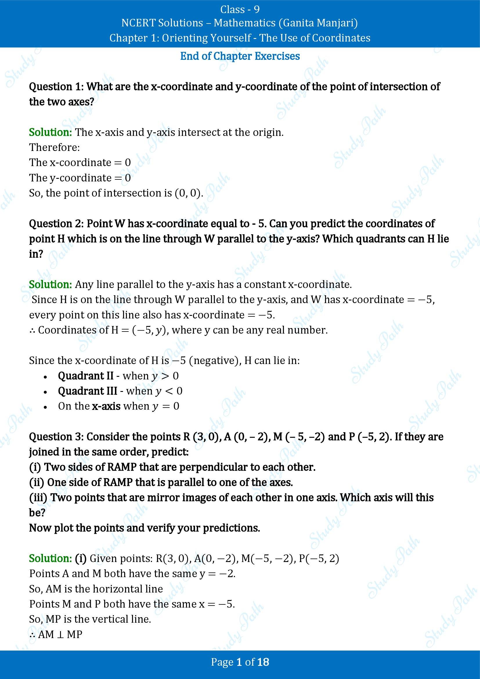 NCERT Solutions for Class 9 Maths Chapter 1 Orienting Yourself The Use of Coordinates End of Chapter