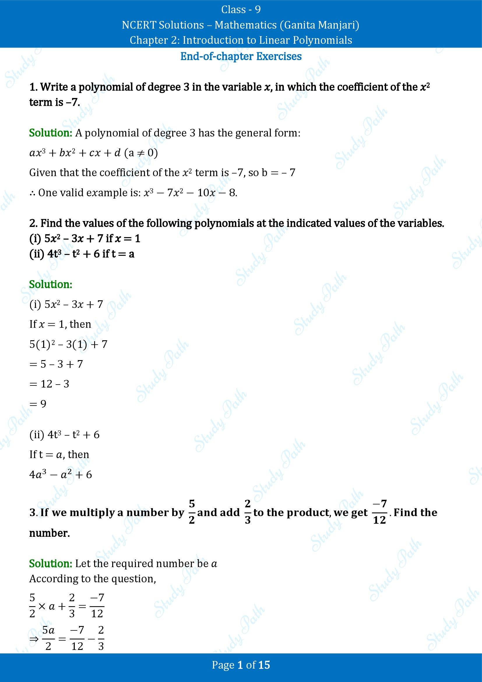 NCERT Solutions for Class 9 Maths Chapter 2 Introduction to Linear Polynomials End of Chapter