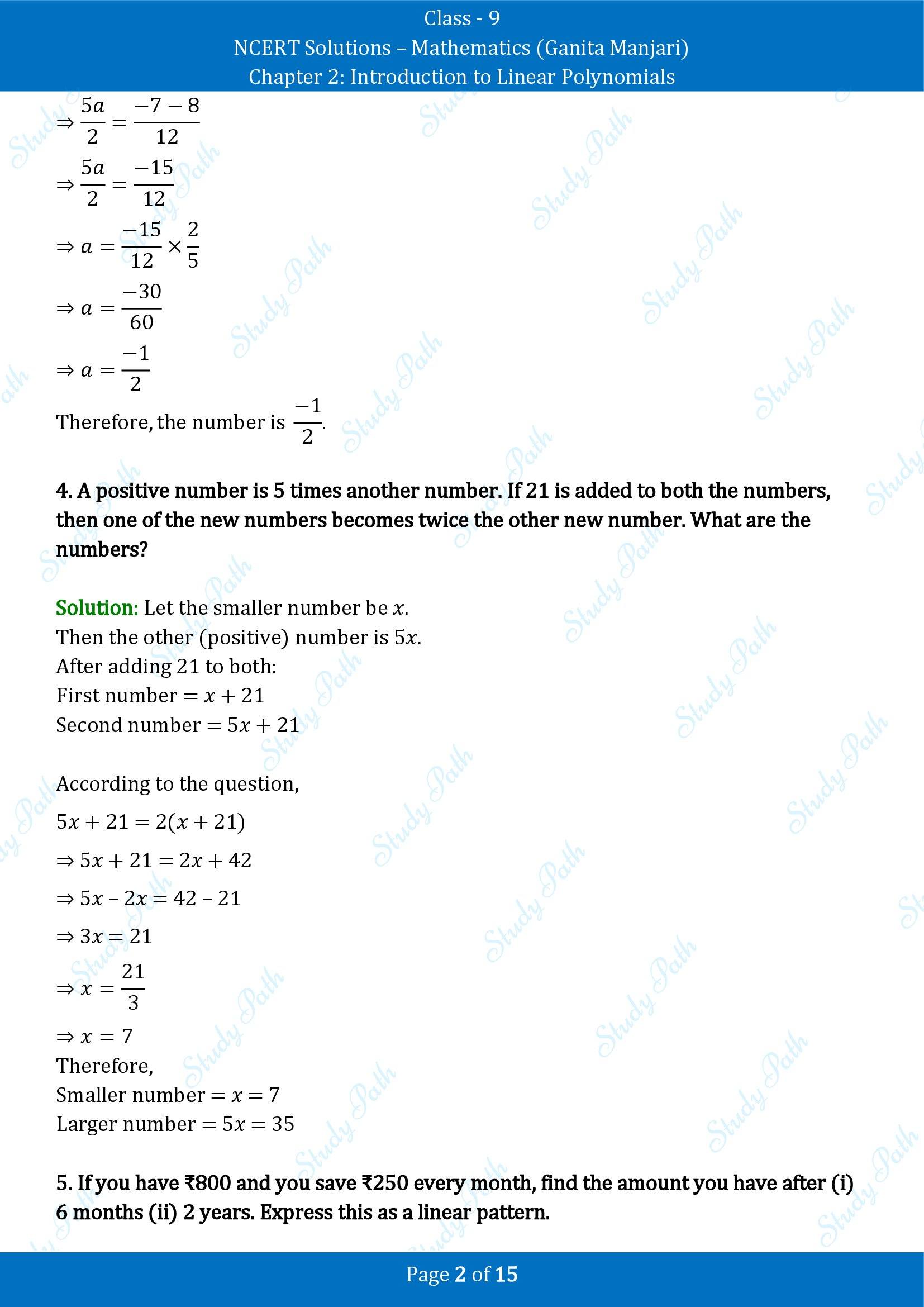 NCERT Solutions for Class 9 Maths Chapter 2 Introduction to Linear Polynomials End of Chapter