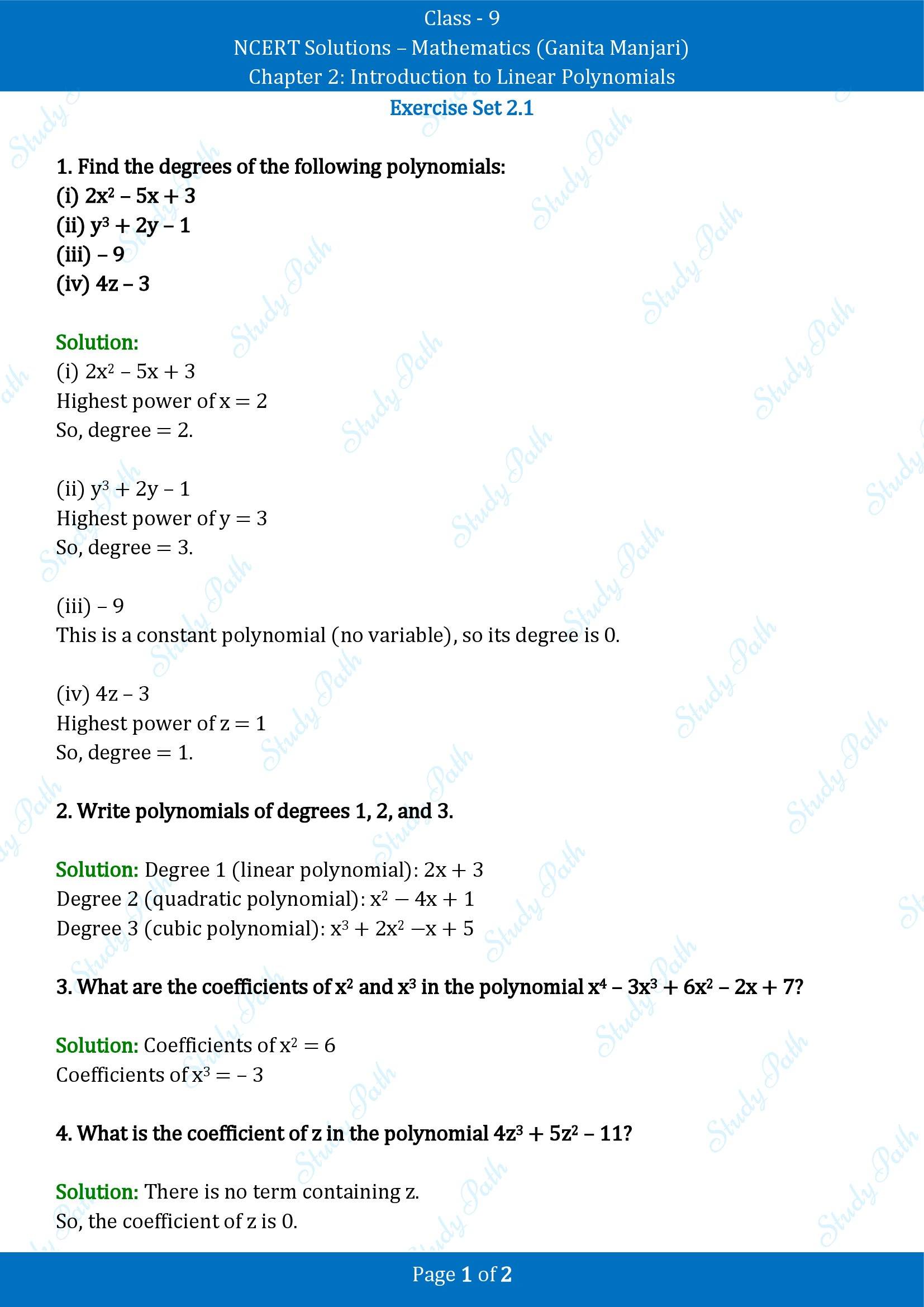 NCERT Solutions for Class 9 Maths Chapter 2 Introduction to Linear Polynomials Exercise Set 2.1 00001