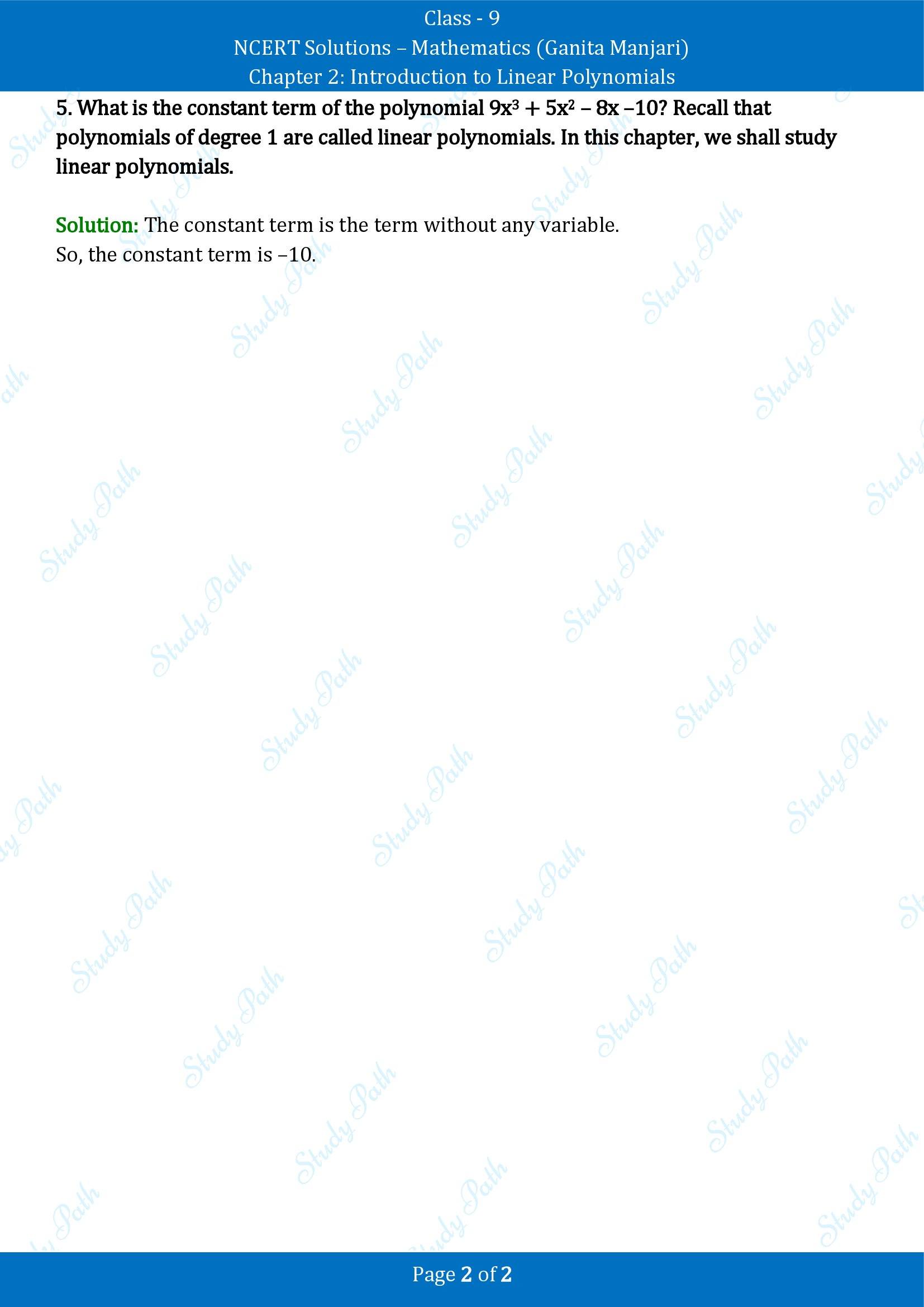 NCERT Solutions for Class 9 Maths Chapter 2 Introduction to Linear Polynomials Exercise Set 2.1 00002