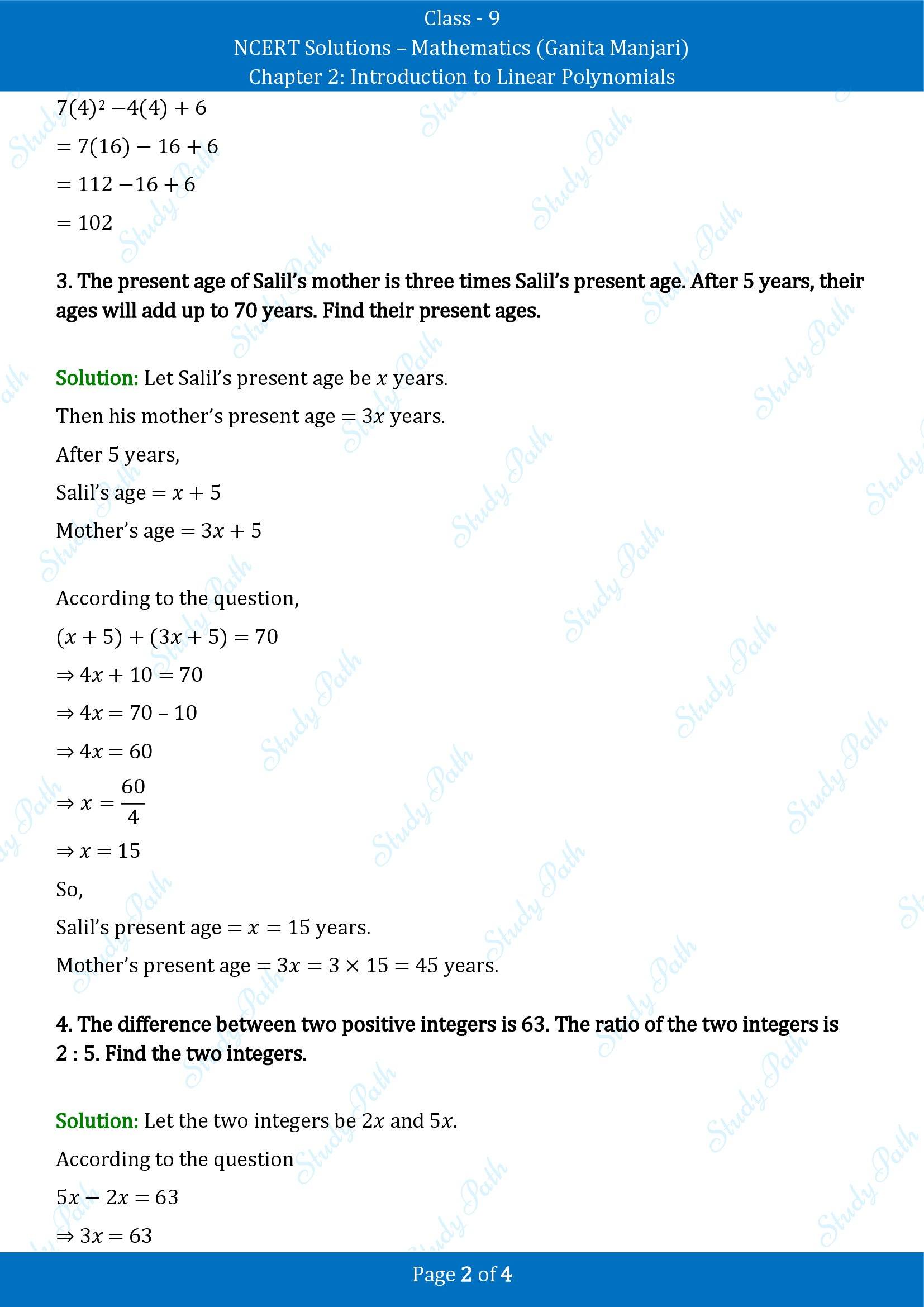 NCERT Solutions for Class 9 Maths Chapter 2 Introduction to Linear Polynomials Exercise Set 2.2 00002