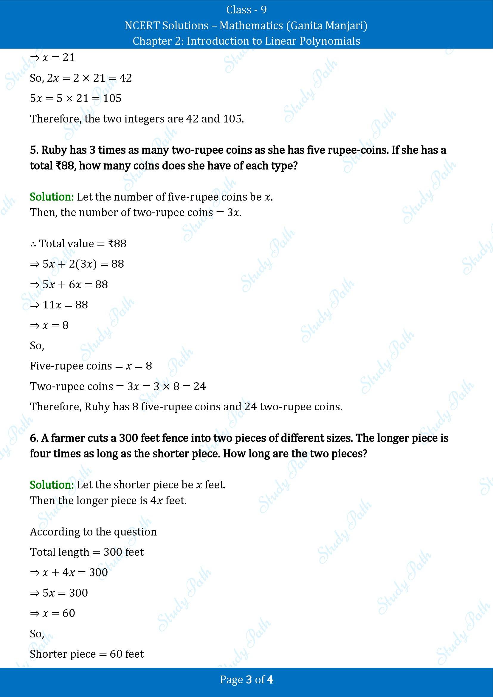 NCERT Solutions for Class 9 Maths Chapter 2 Introduction to Linear Polynomials Exercise Set 2.2 00003