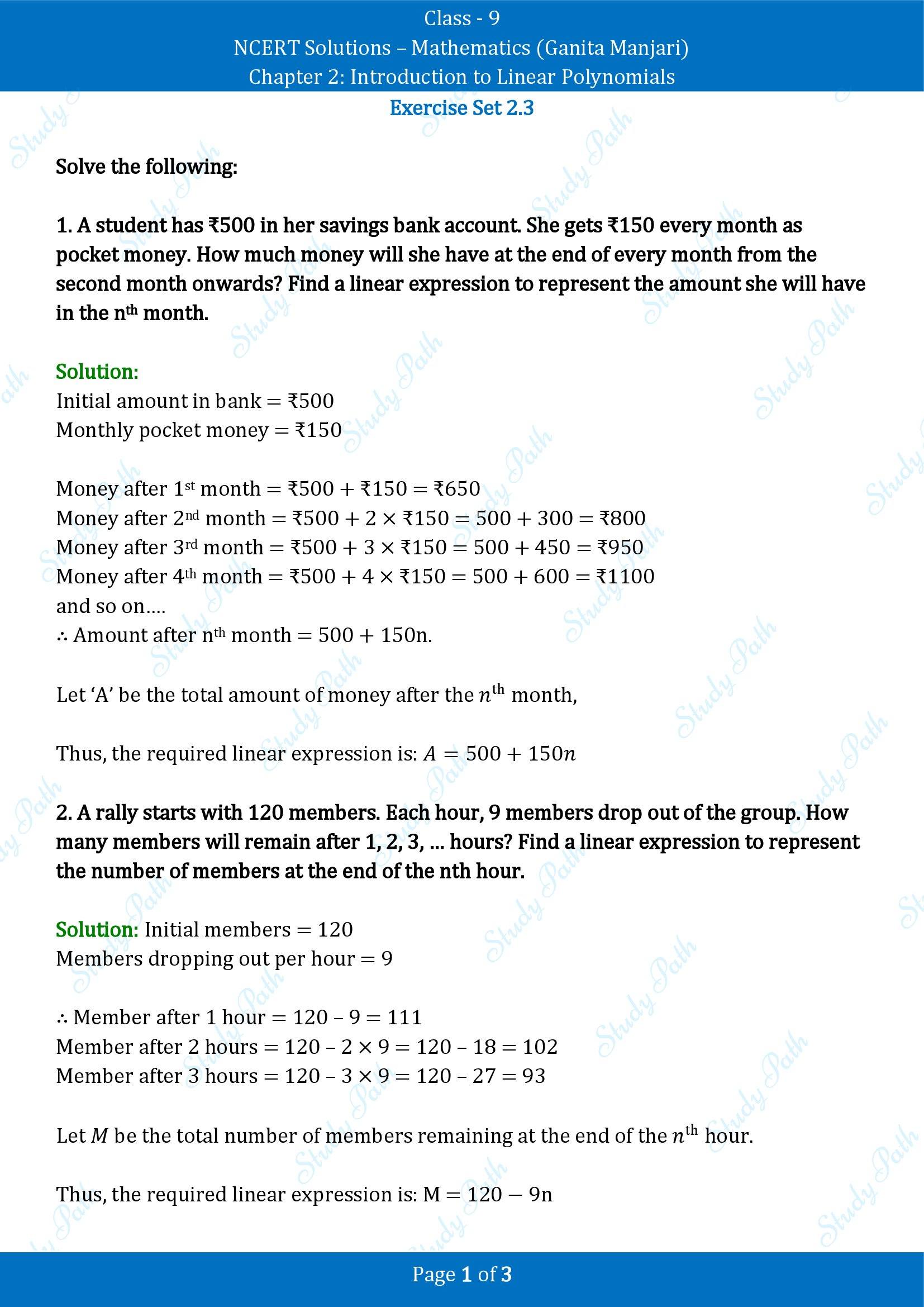 NCERT Solutions for Class 9 Maths Chapter 2 Introduction to Linear Polynomials Exercise Set 2.3 00001