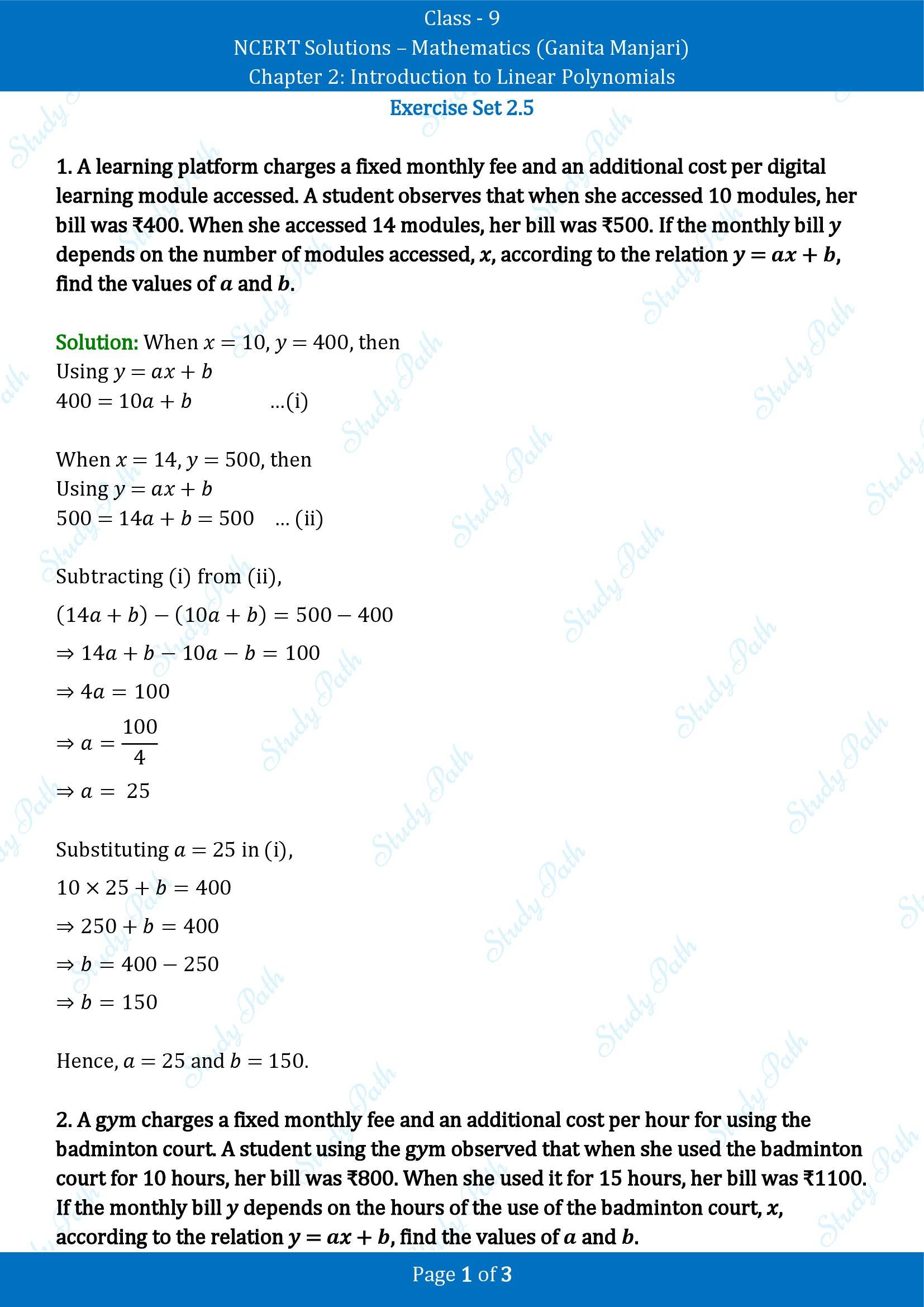 NCERT Solutions for Class 9 Maths Chapter 2 Introduction to Linear Polynomials Exercise Set 2.5 00001