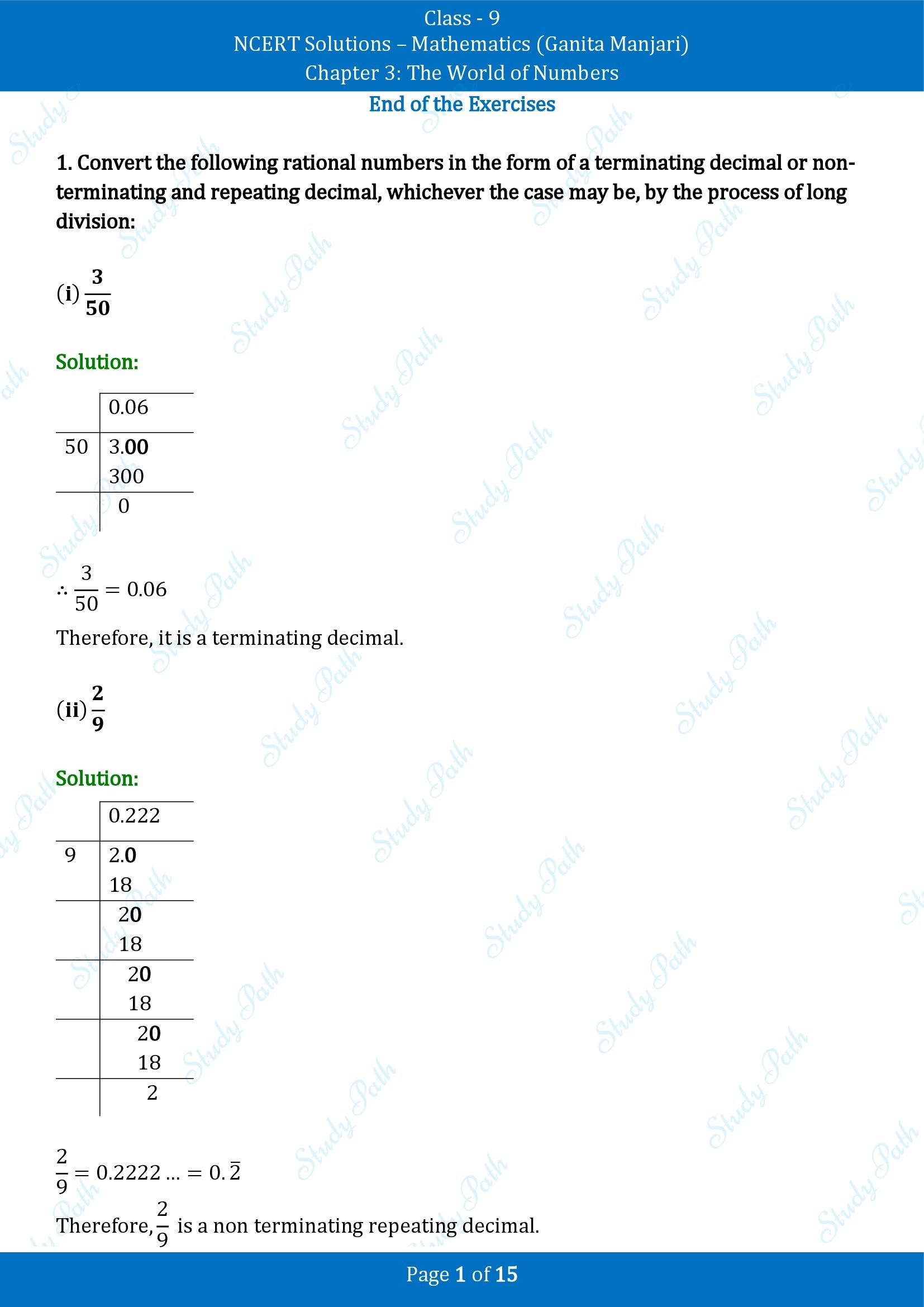NCERT Solutions for Class 9 Maths Chapter 3 The World of Numbers End of Chapter