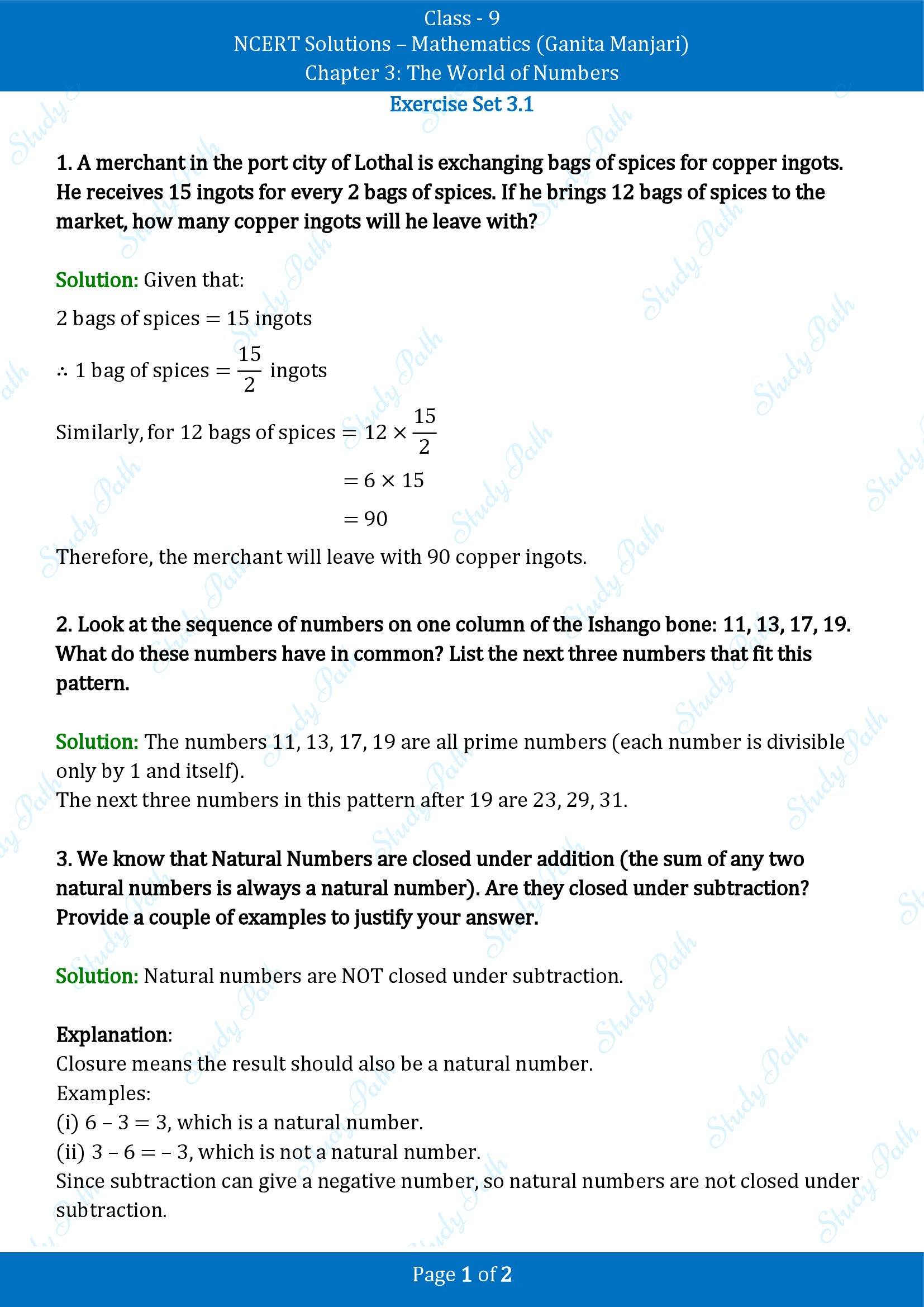 NCERT Solutions for Class 9 Maths Chapter 3 The World of Numbers Exercise Set 3.1 00001