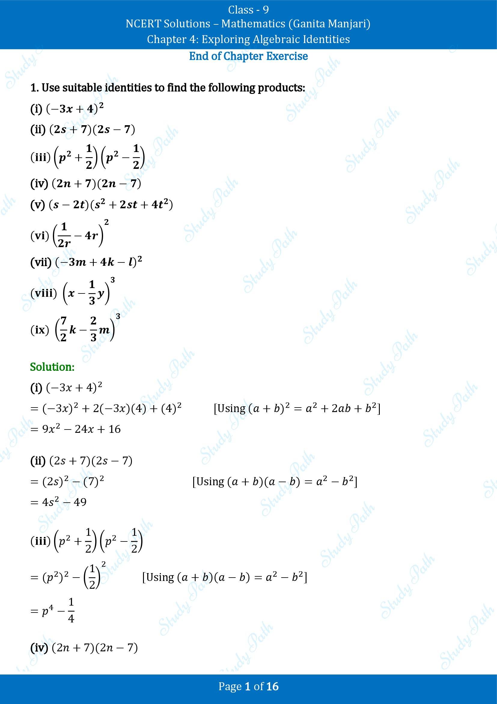 NCERT Solutions for Class 9 Maths Chapter 4 Exploring Algebraic Identities End of Chapter