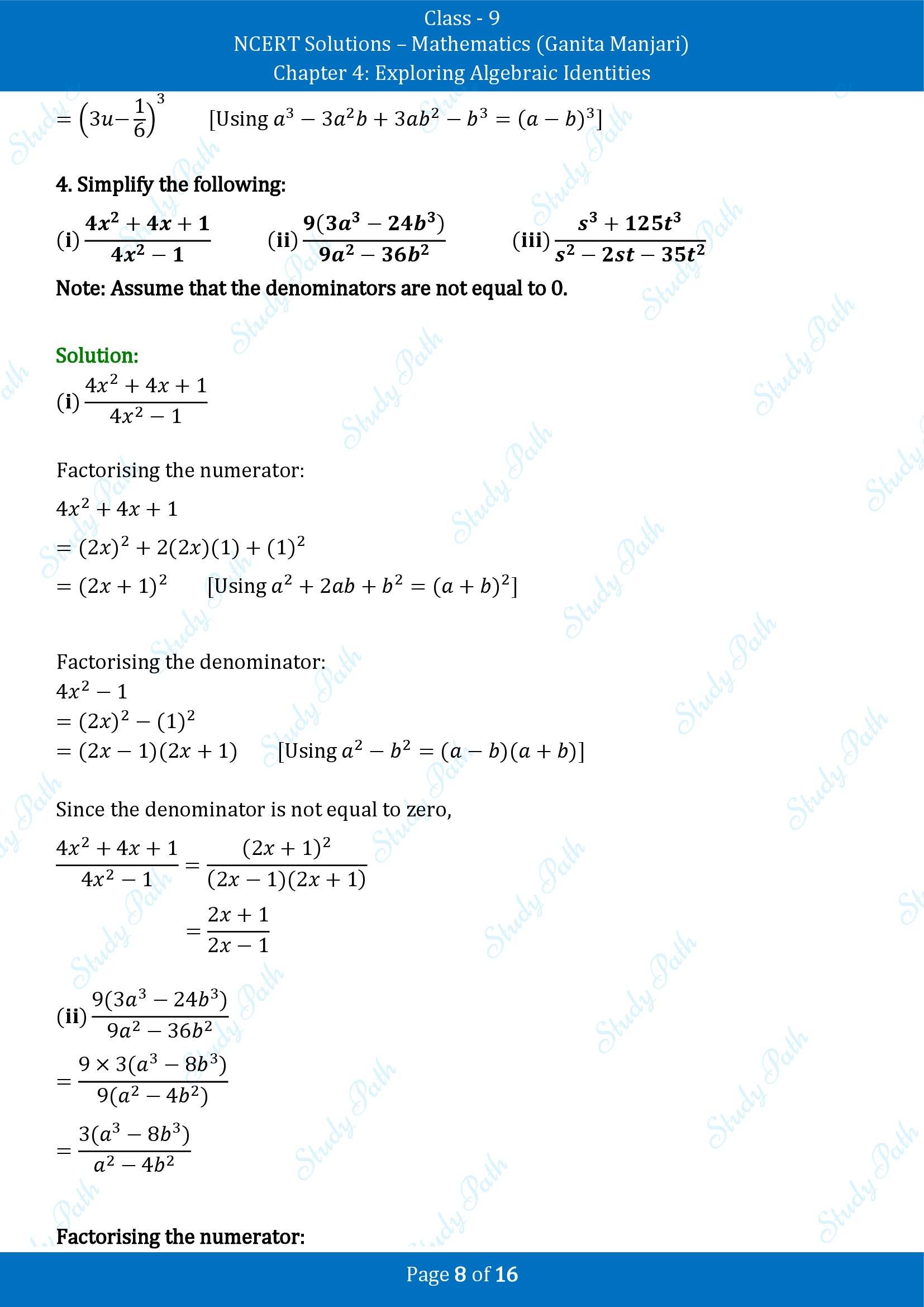 NCERT Solutions for Class 9 Maths Chapter 4 Exploring Algebraic Identities End of Chapter