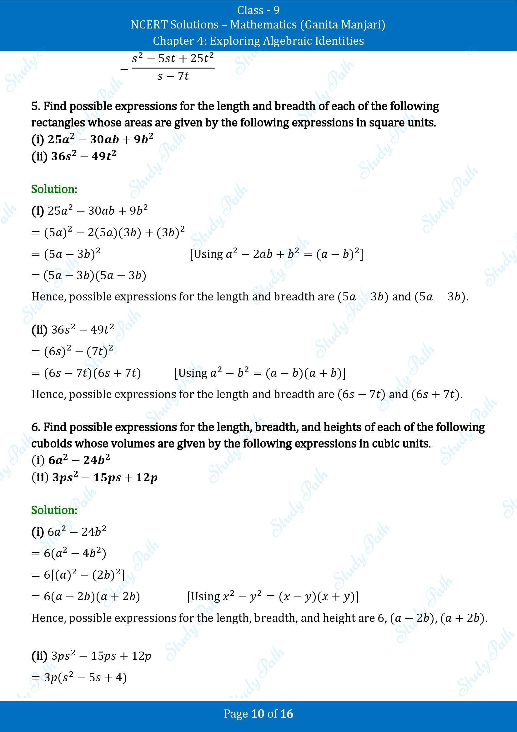 NCERT Solutions for Class 9 Maths Chapter 4 Exploring Algebraic Identities End of Chapter