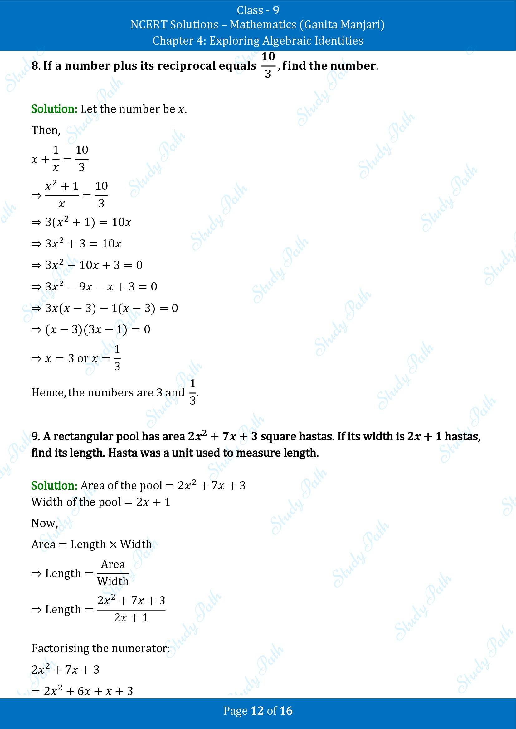 NCERT Solutions for Class 9 Maths Chapter 4 Exploring Algebraic Identities End of Chapter