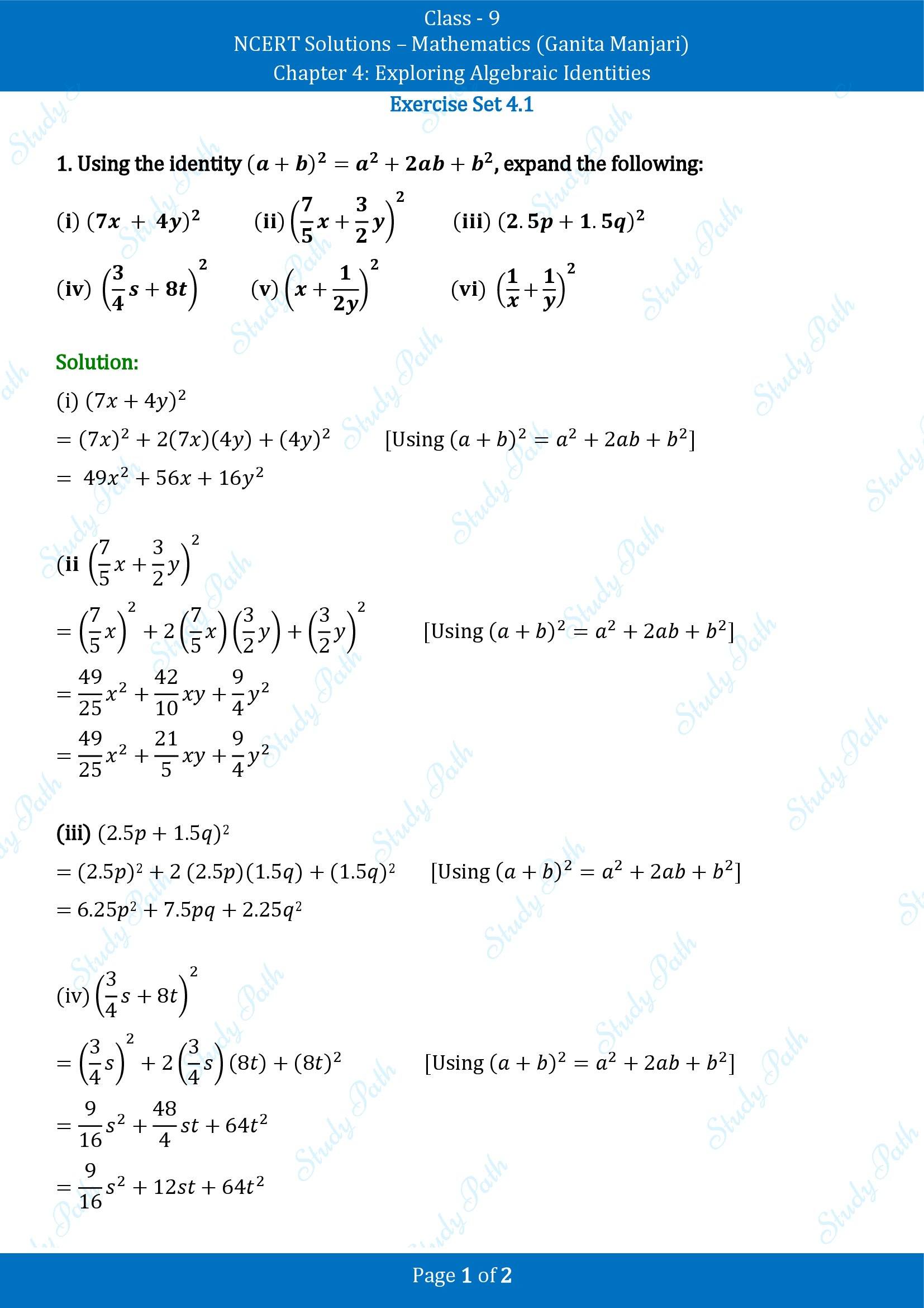 NCERT Solutions for Class 9 Maths Chapter 4 Exploring Algebraic Identities Exercise Set 4.1 00001
