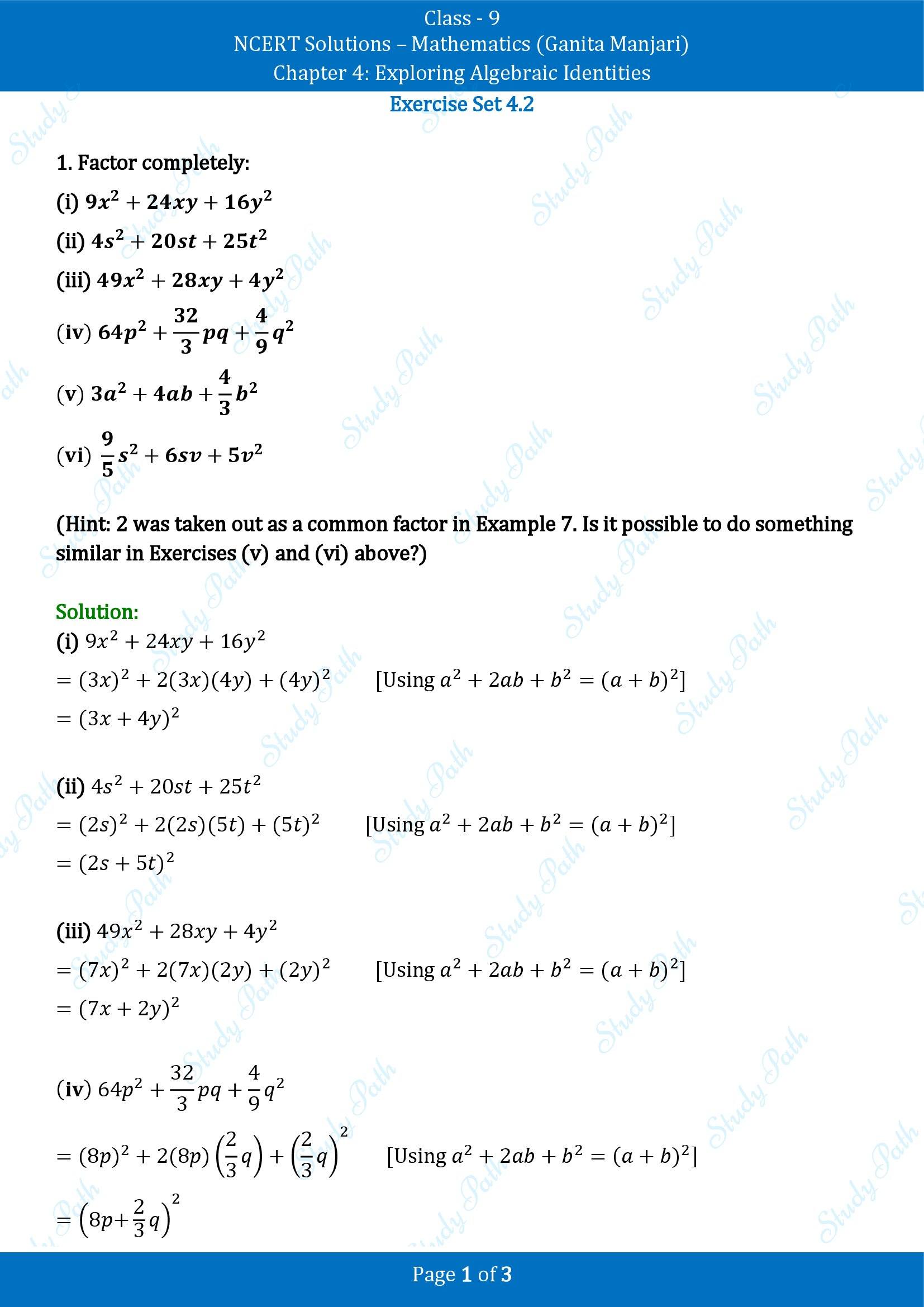 NCERT Solutions for Class 9 Maths Chapter 4 Exploring Algebraic Identities Exercise Set 4.2 00001