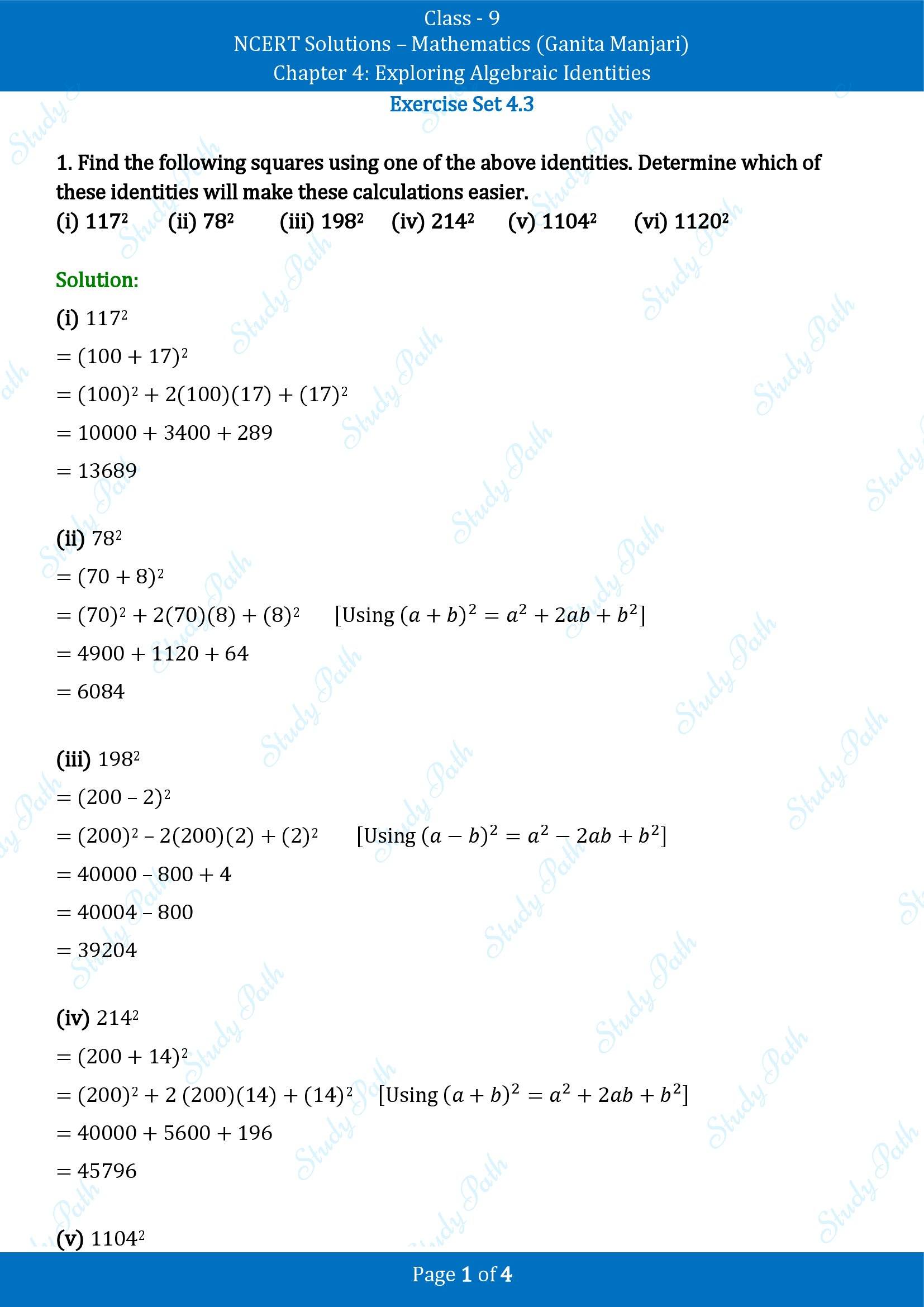 NCERT Solutions for Class 9 Maths Chapter 4 Exploring Algebraic Identities Exercise Set 4.3 00001
