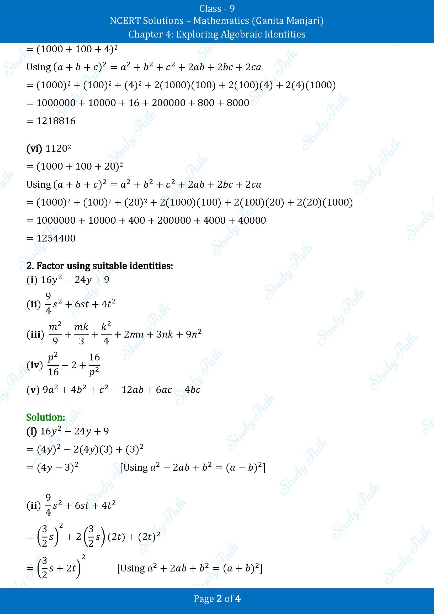 NCERT Solutions for Class 9 Maths Chapter 4 Exploring Algebraic Identities Exercise Set 4.3 00002