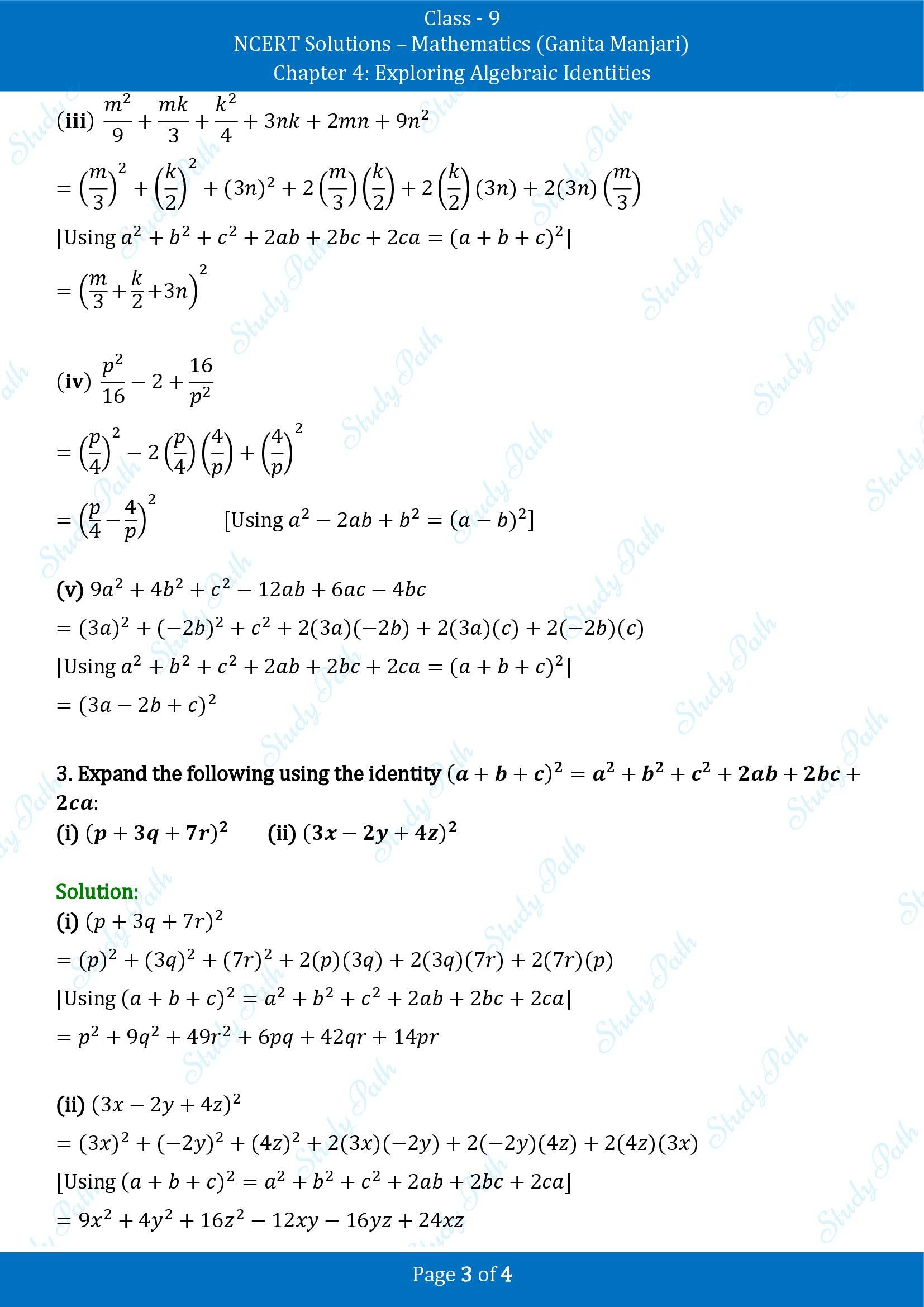 NCERT Solutions for Class 9 Maths Chapter 4 Exploring Algebraic Identities Exercise Set 4.3 00003