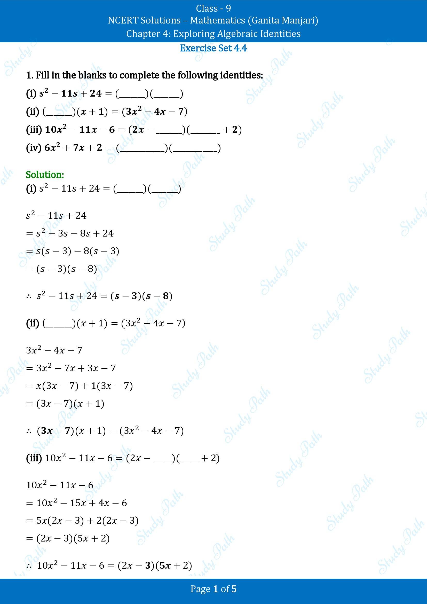 NCERT Solutions for Class 9 Maths Chapter 4 Exploring Algebraic Identities Exercise Set 4.4 00001