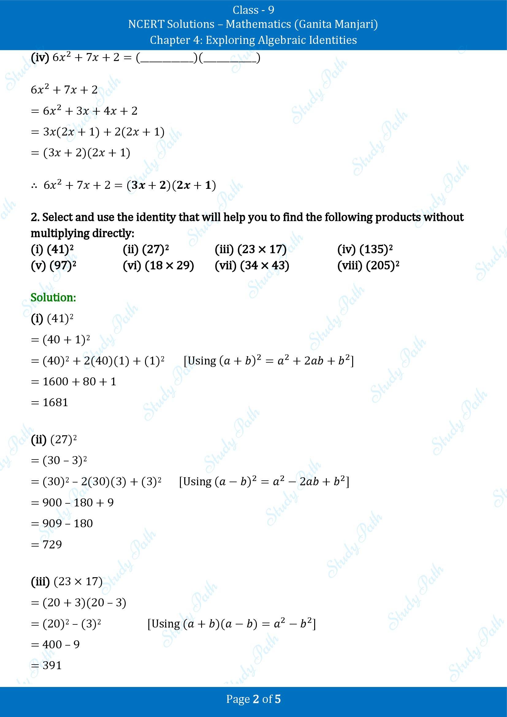 NCERT Solutions for Class 9 Maths Chapter 4 Exploring Algebraic Identities Exercise Set 4.4 00002