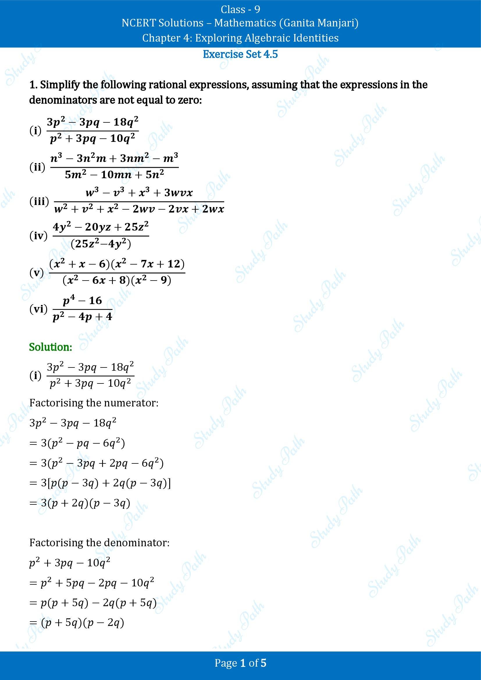 NCERT Solutions for Class 9 Maths Chapter 4 Exploring Algebraic Identities Exercise Set 4.5 00001
