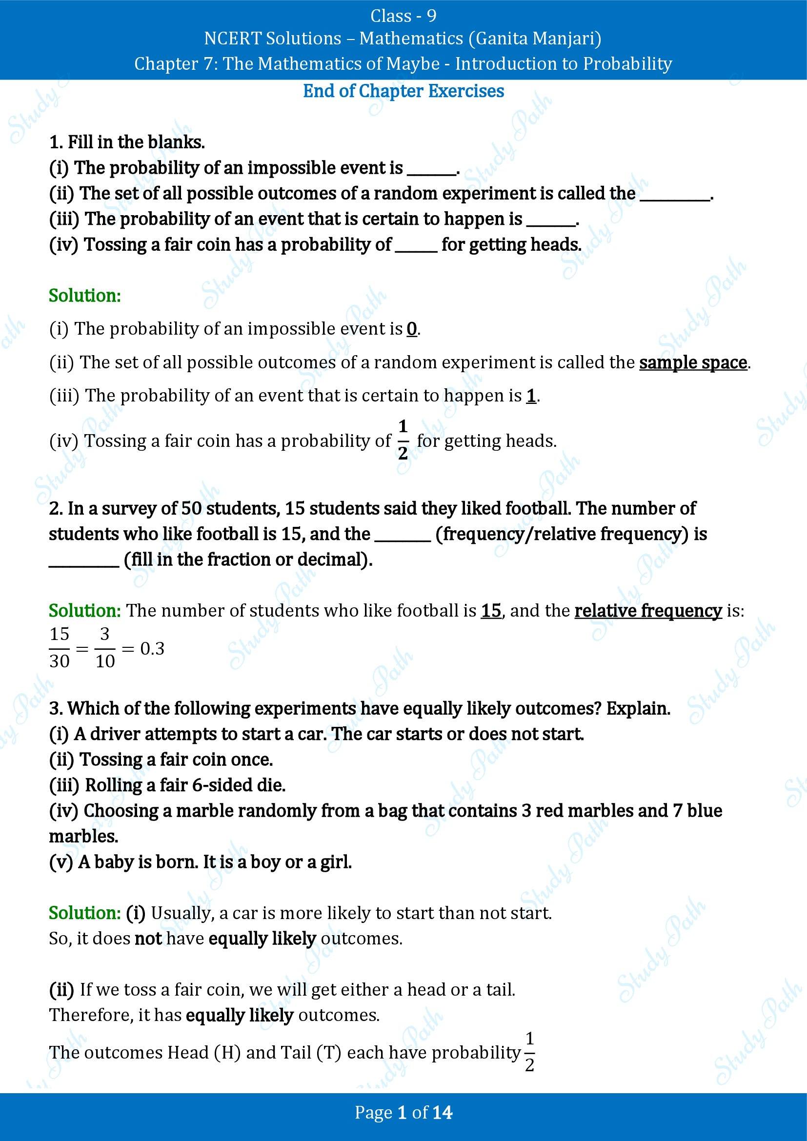 NCERT Solutions for Class 9 Maths Chapter 7 The Mathematics of Maybe Introduction to Probability End of Chapter