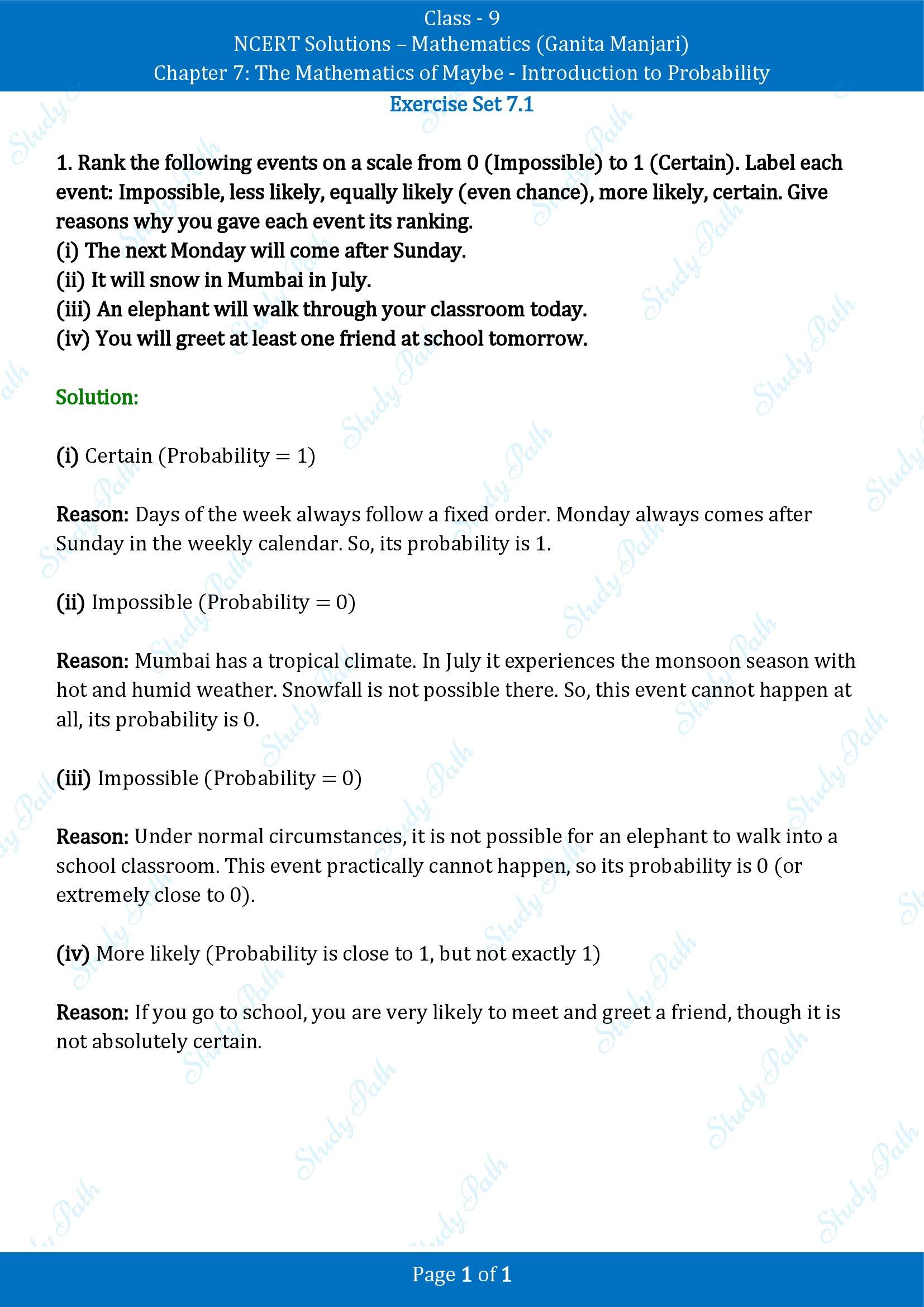 NCERT Solutions for Class 9 Maths Chapter 7 The Mathematics of Maybe Introduction to Probability Exercise Set 7.1