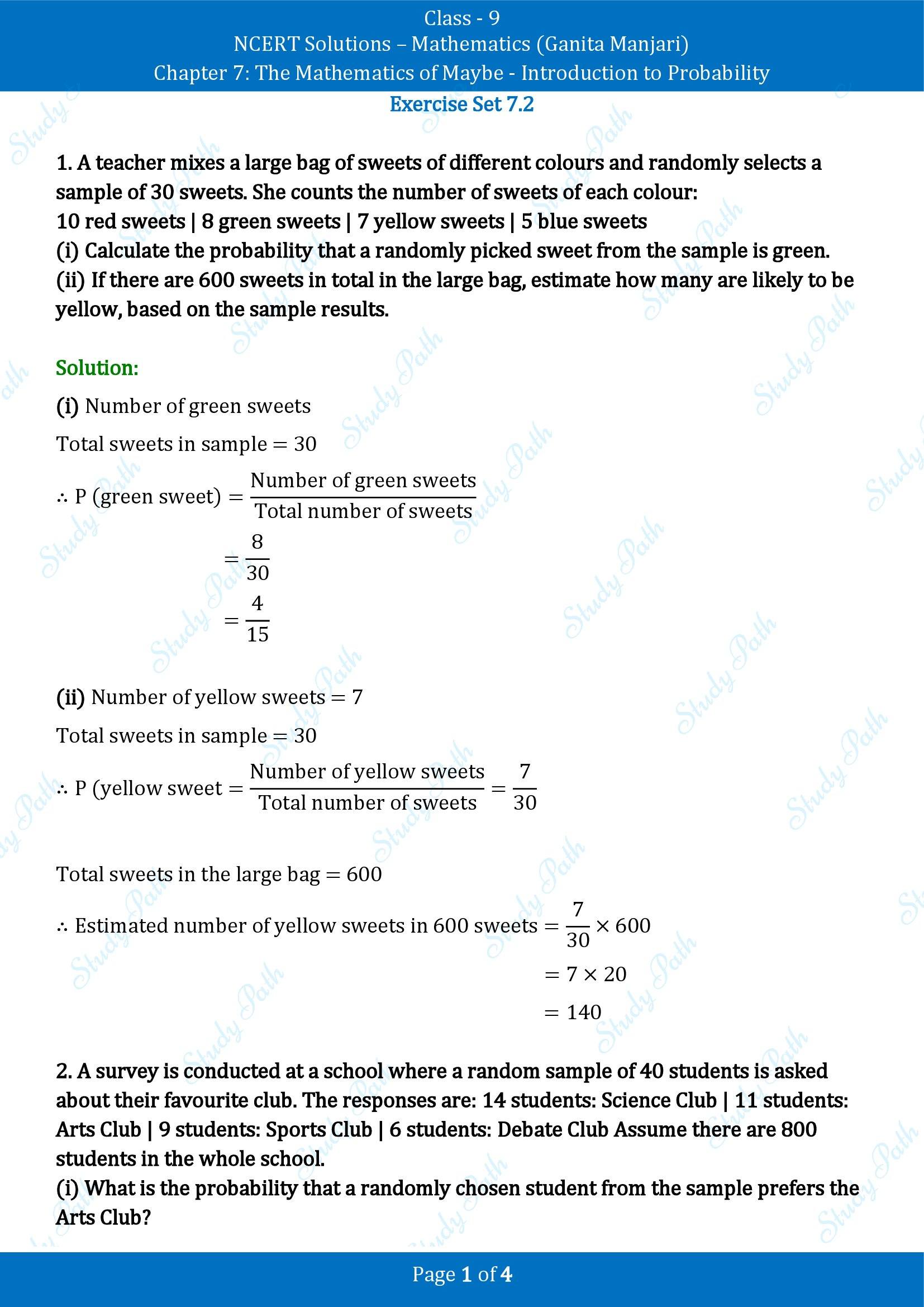 NCERT Solutions for Class 9 Maths Chapter 7 The Mathematics of Maybe Introduction to Probability Exercise Set 7.2 00001
