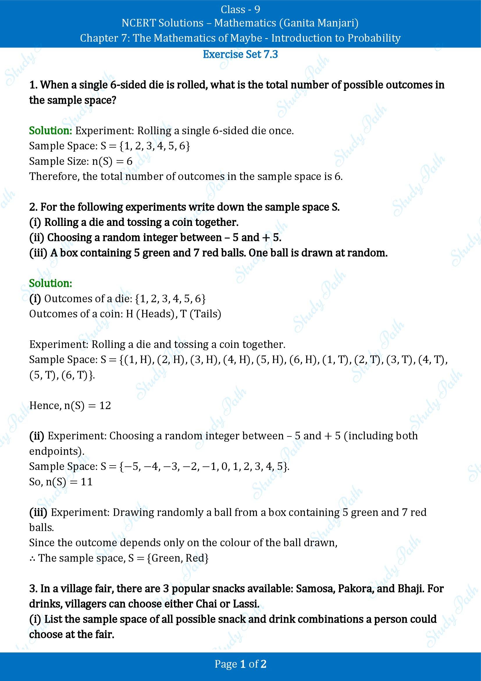 NCERT Solutions for Class 9 Maths Chapter 7 The Mathematics of Maybe Introduction to Probability Exercise Set 7.3 00001