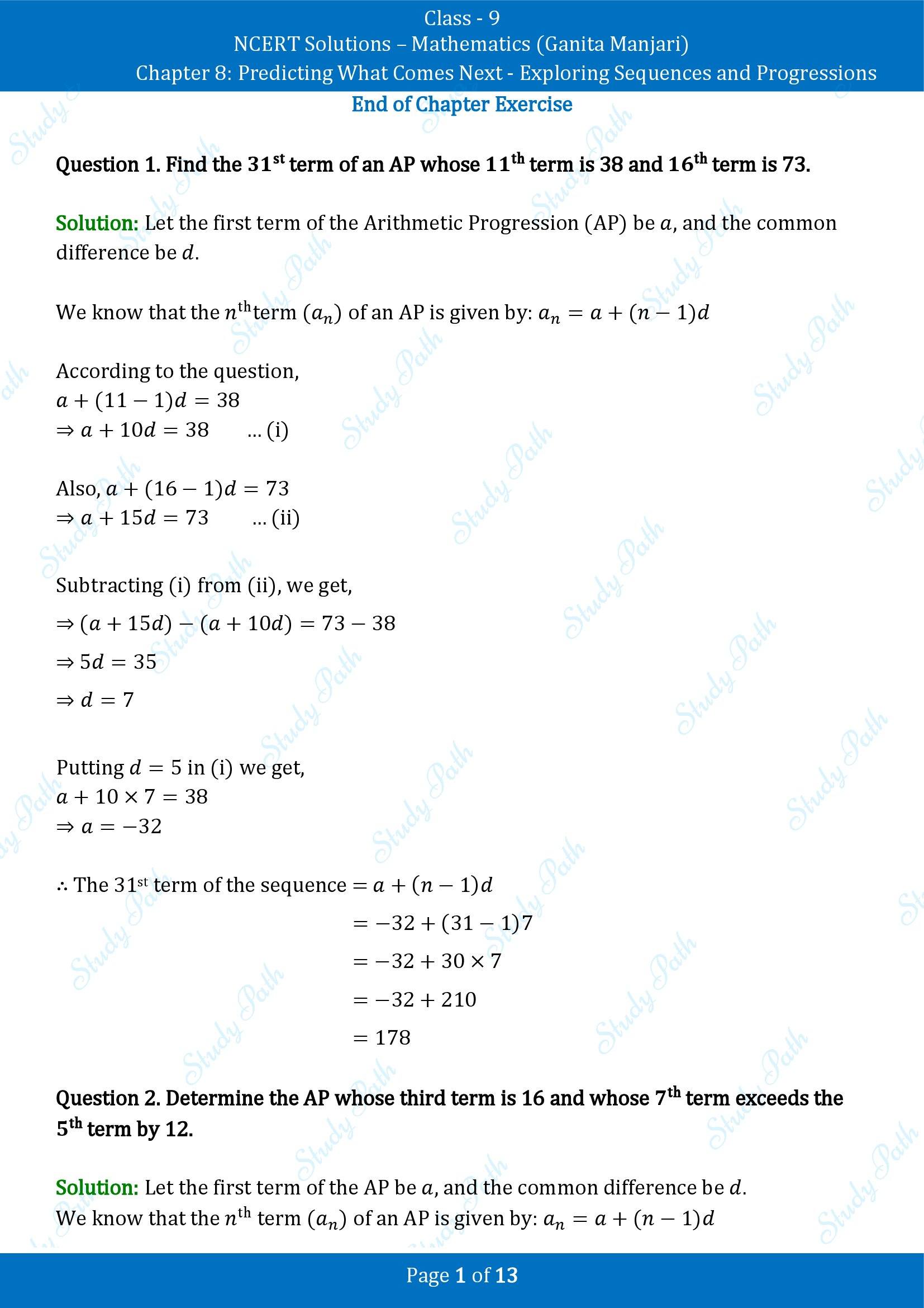NCERT Solutions for Class 9 Maths Chapter 8 Predicting What Comes Next Exploring Sequences and Progressions End of Chapter