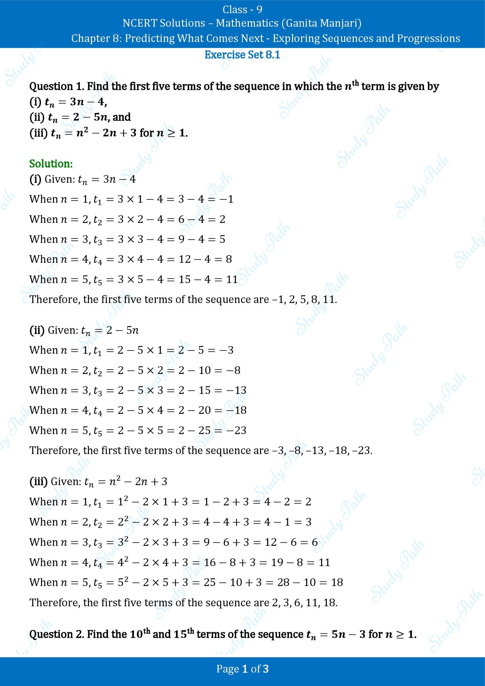 NCERT Solutions for Class 9 Maths Chapter 8 Predicting What Comes Next Exploring Sequences and Progressions Exercise Set 8.1 00001