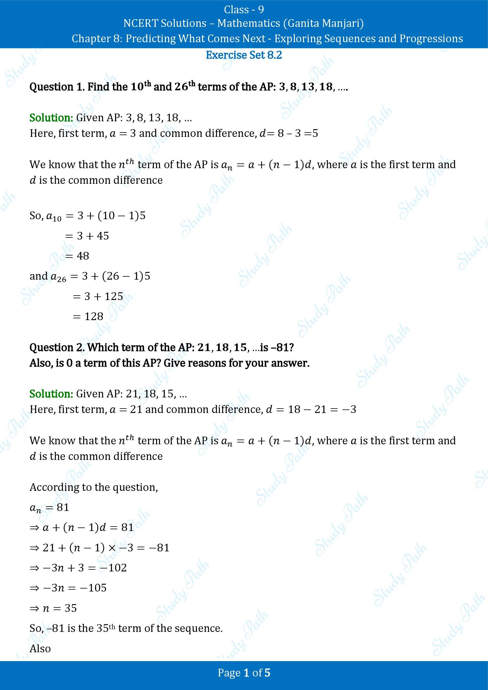 NCERT Solutions for Class 9 Maths Chapter 8 Predicting What Comes Next Exploring Sequences and Progressions Exercise Set 8.2 00001