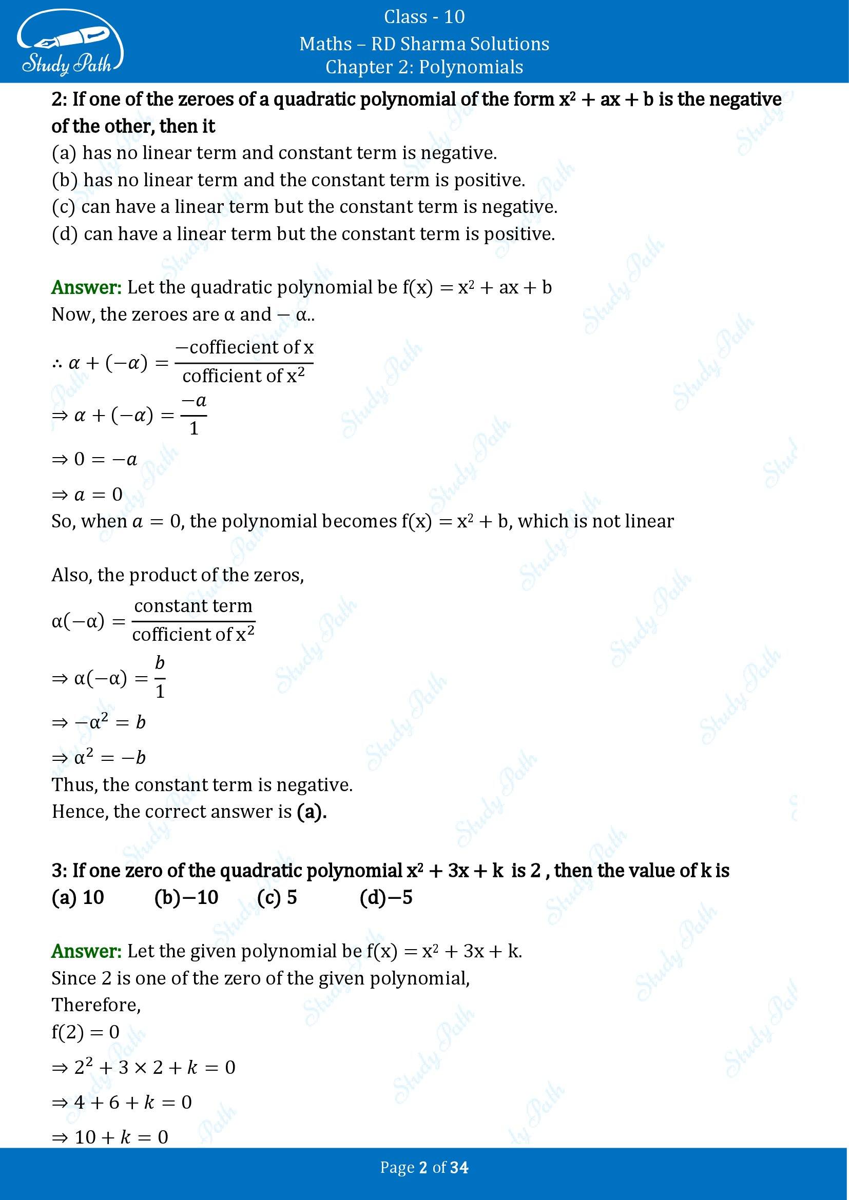 RD Sharma Solutions Class 10 Chapter 2 Polynomials Multiple Choice Questions MCQs 00002