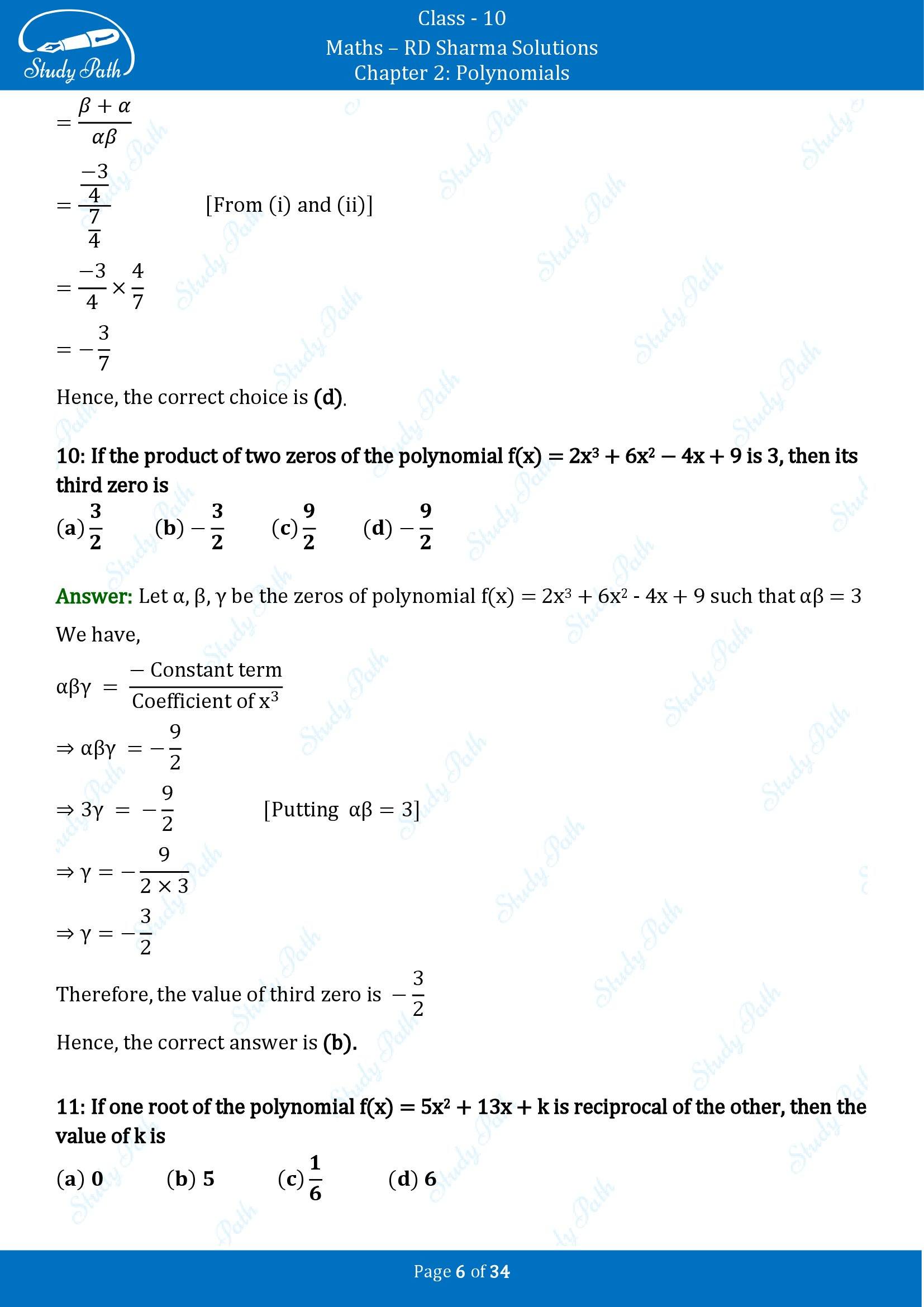 RD Sharma Solutions Class 10 Chapter 2 Polynomials Multiple Choice Questions MCQs 00006