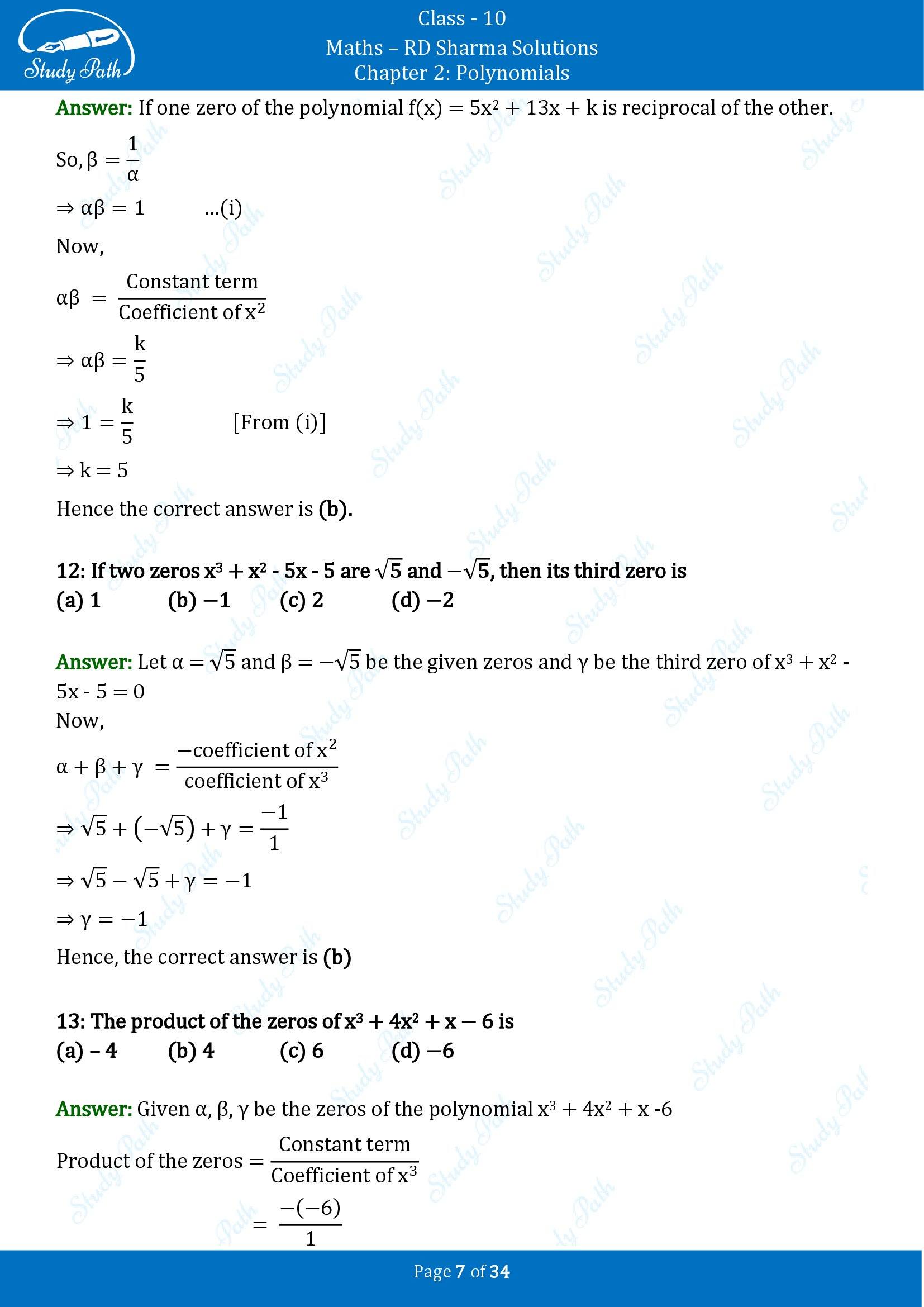 RD Sharma Solutions Class 10 Chapter 2 Polynomials Multiple Choice Questions MCQs 00007