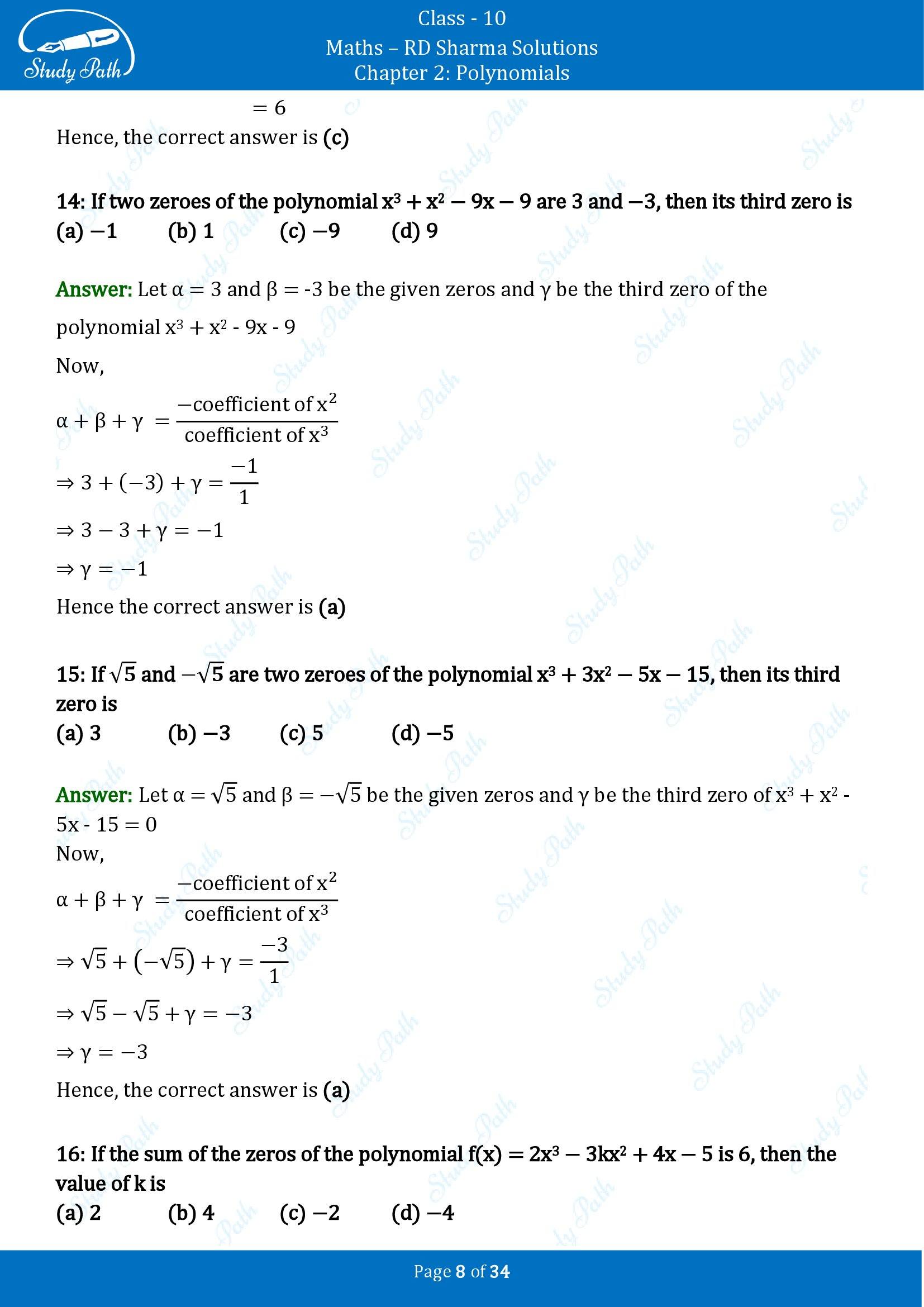 RD Sharma Solutions Class 10 Chapter 2 Polynomials Multiple Choice Questions MCQs 00008