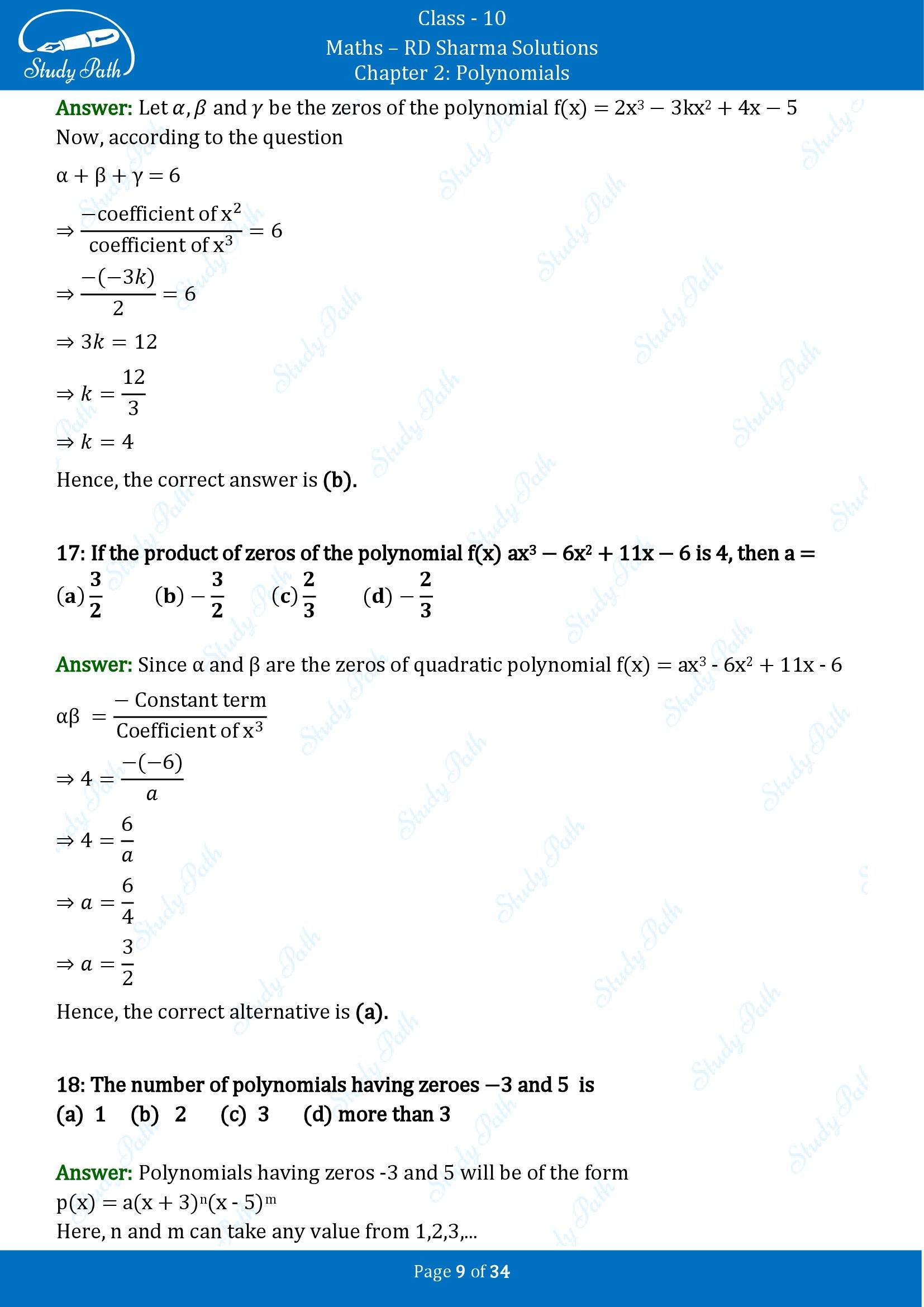 RD Sharma Solutions Class 10 Chapter 2 Polynomials Multiple Choice Questions MCQs 00009