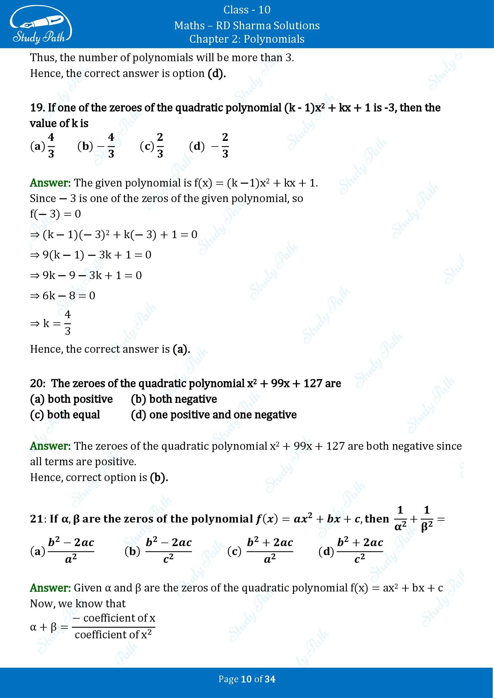 RD Sharma Solutions Class 10 Chapter 2 Polynomials Multiple Choice Questions MCQs 00010