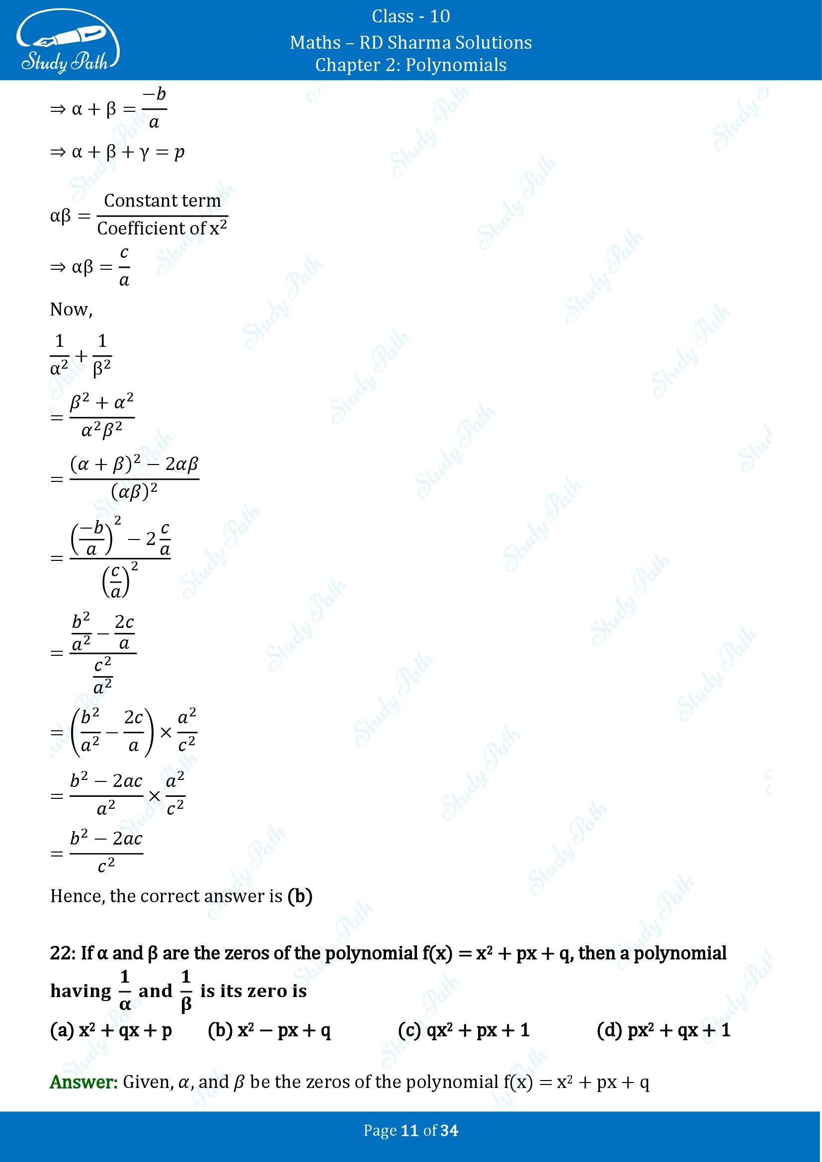 RD Sharma Solutions Class 10 Chapter 2 Polynomials Multiple Choice Questions MCQs 00011