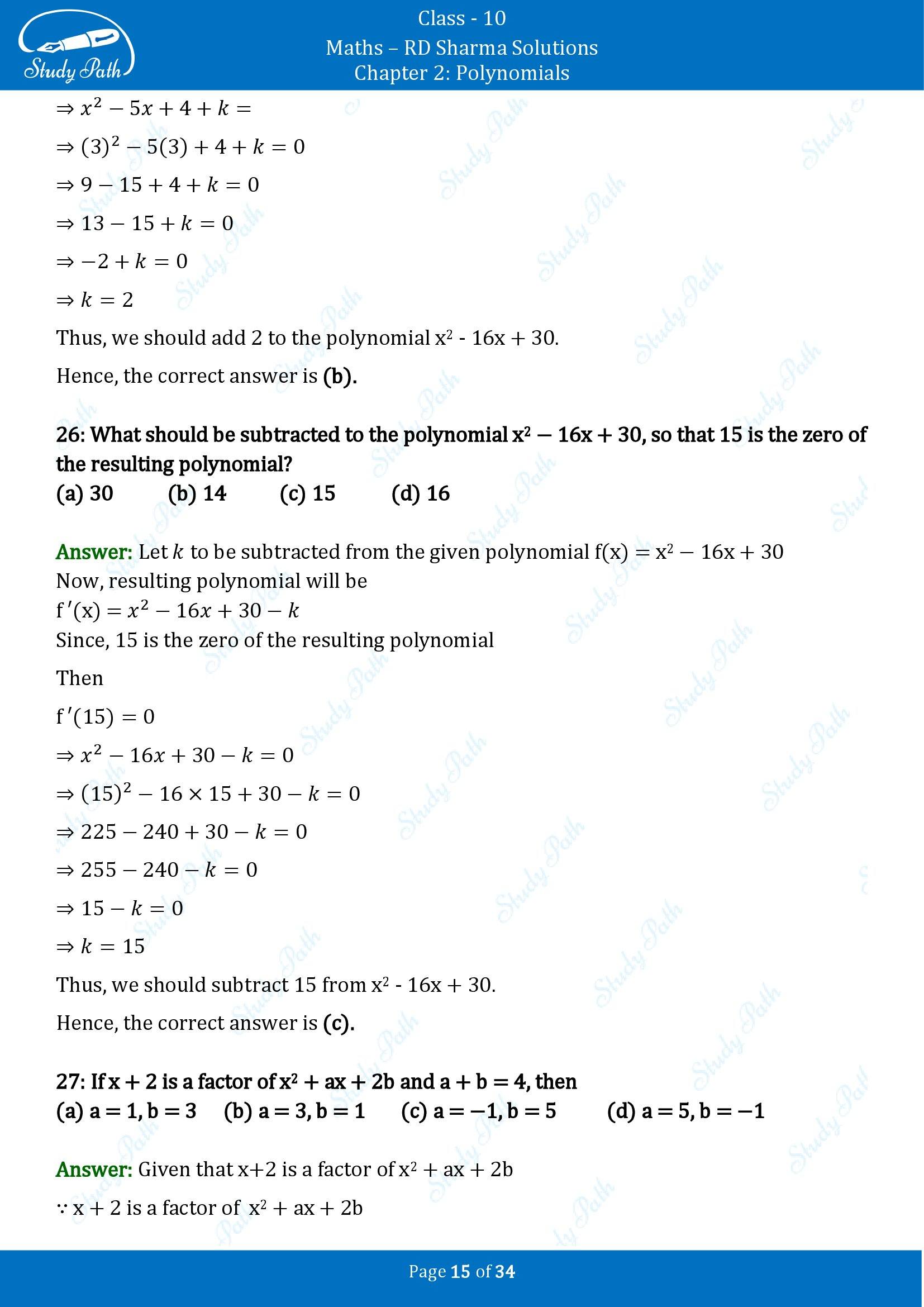 RD Sharma Solutions Class 10 Chapter 2 Polynomials Multiple Choice Questions MCQs 00015