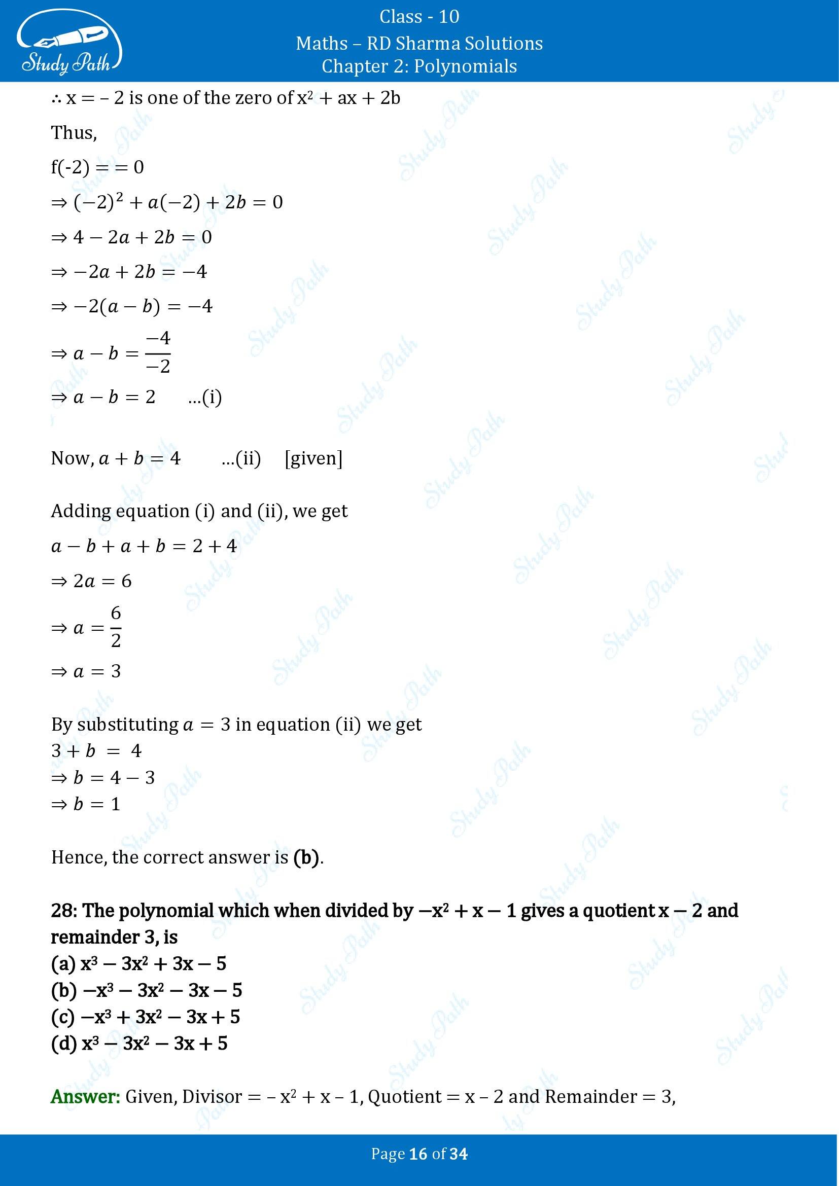 RD Sharma Solutions Class 10 Chapter 2 Polynomials Multiple Choice Questions MCQs 00016