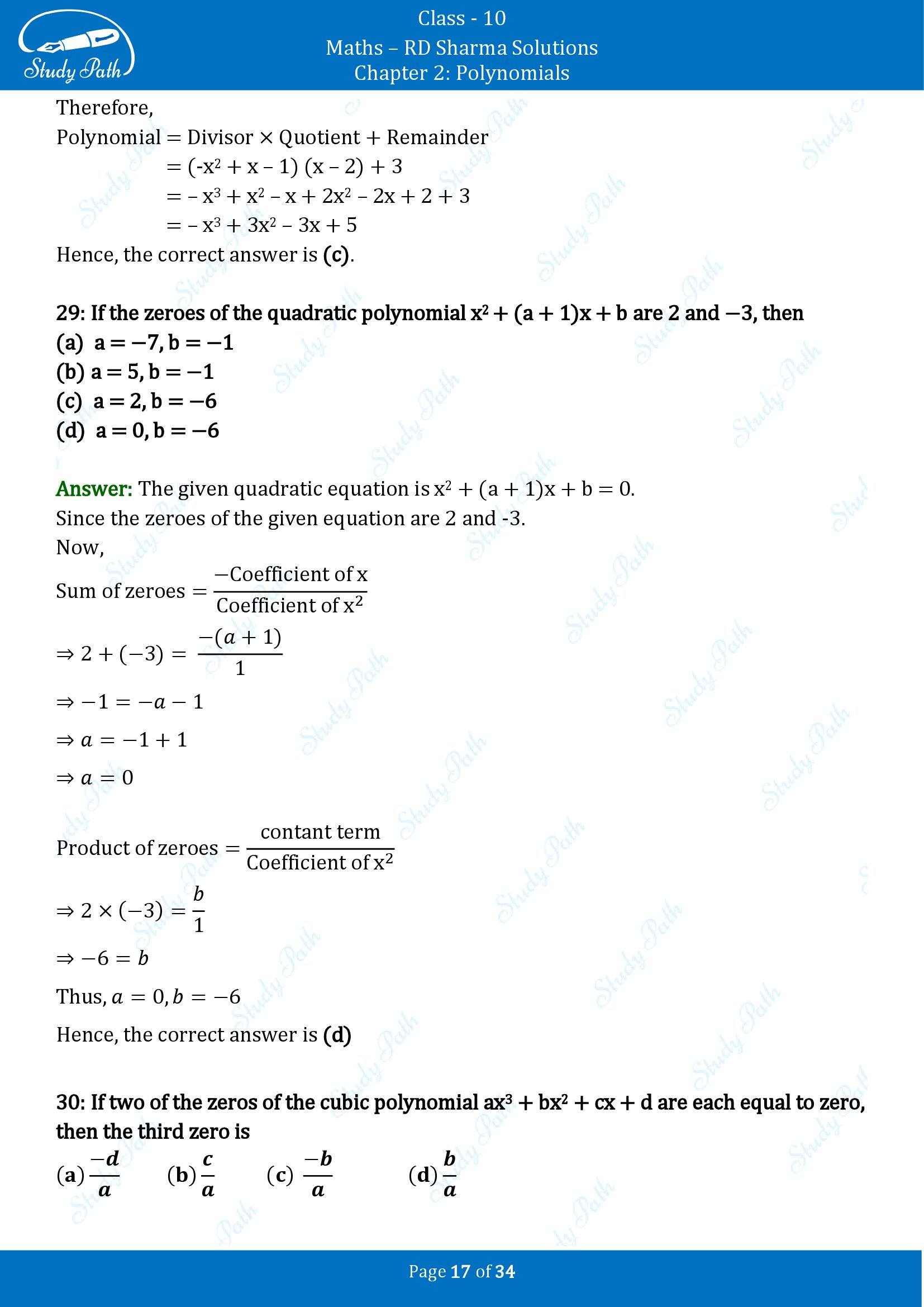RD Sharma Solutions Class 10 Chapter 2 Polynomials Multiple Choice Questions MCQs 00017
