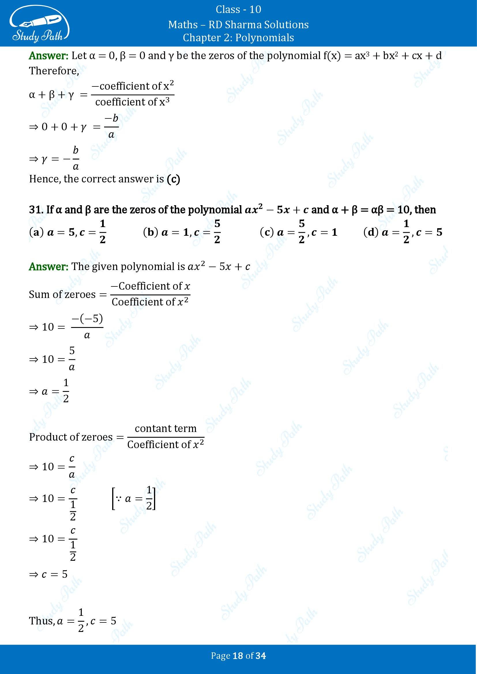 RD Sharma Solutions Class 10 Chapter 2 Polynomials Multiple Choice Questions MCQs 00018