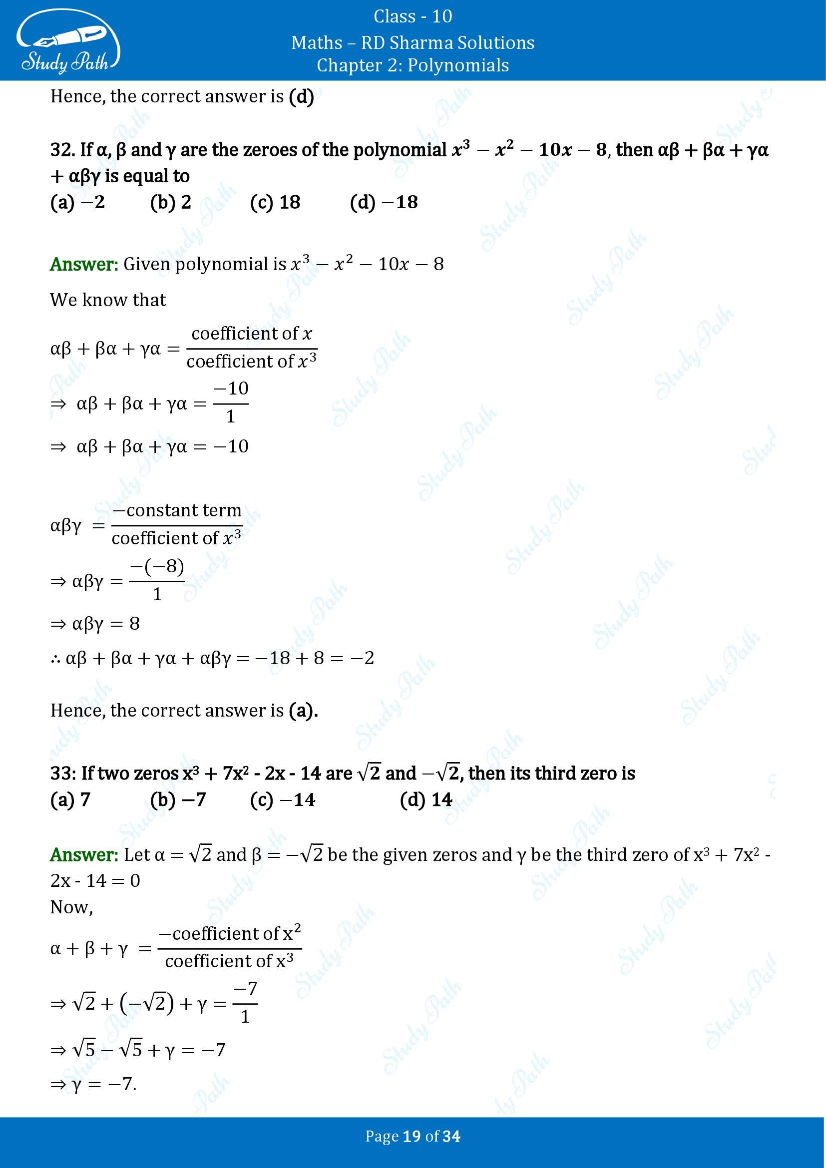 RD Sharma Solutions Class 10 Chapter 2 Polynomials Multiple Choice Questions MCQs 00019
