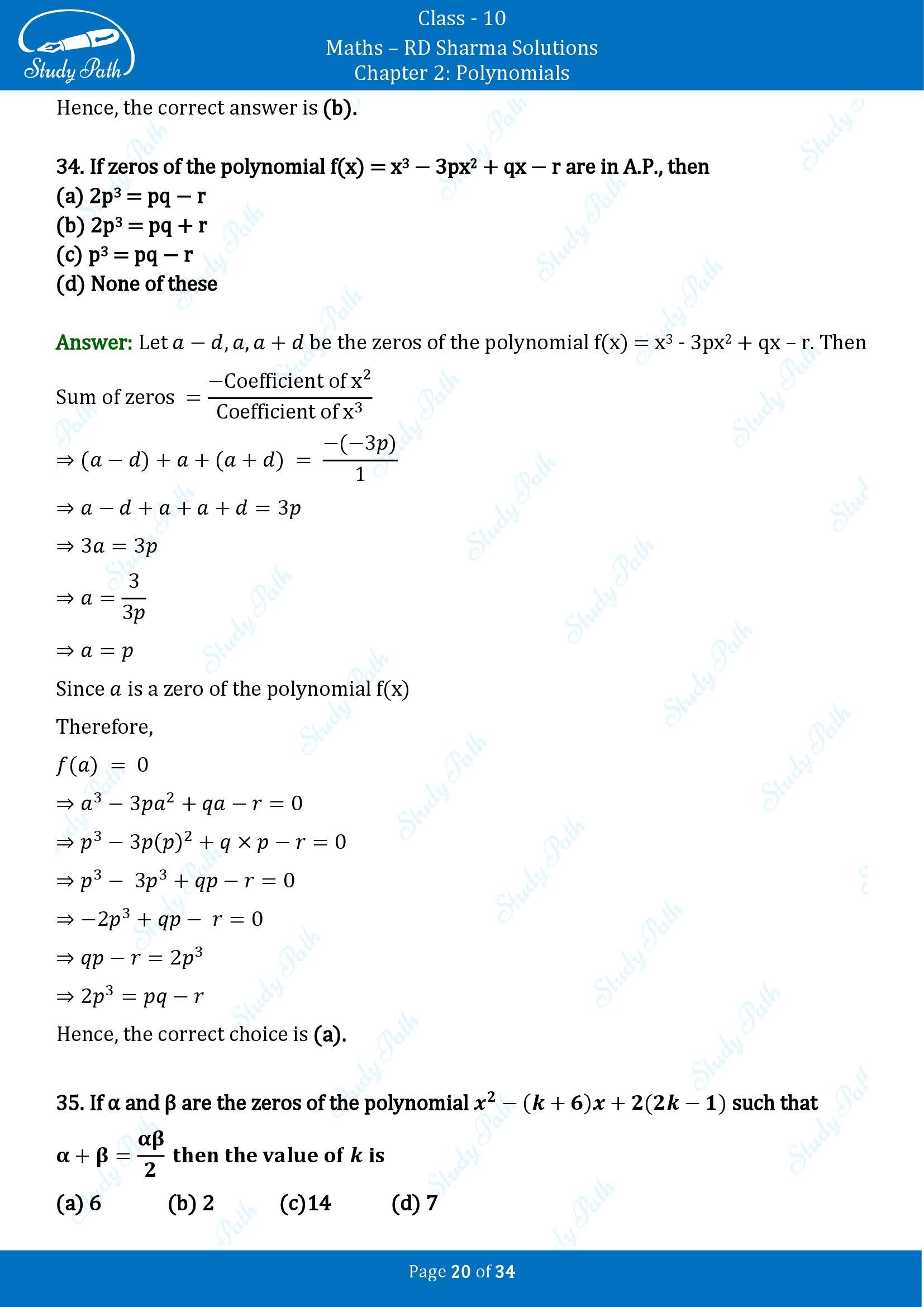 RD Sharma Solutions Class 10 Chapter 2 Polynomials Multiple Choice Questions MCQs 00020