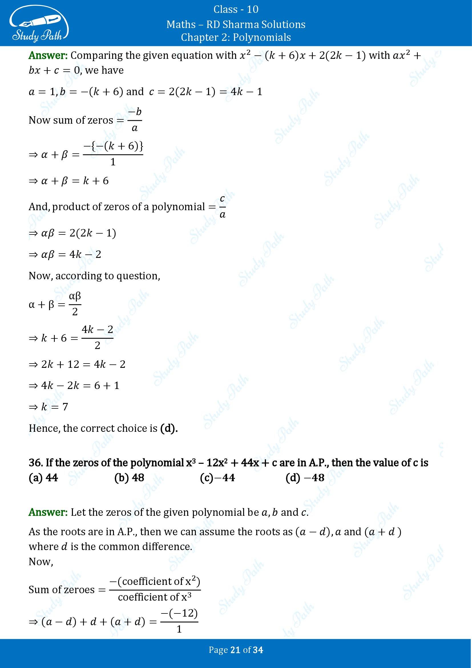 RD Sharma Solutions Class 10 Chapter 2 Polynomials Multiple Choice Questions MCQs 00021