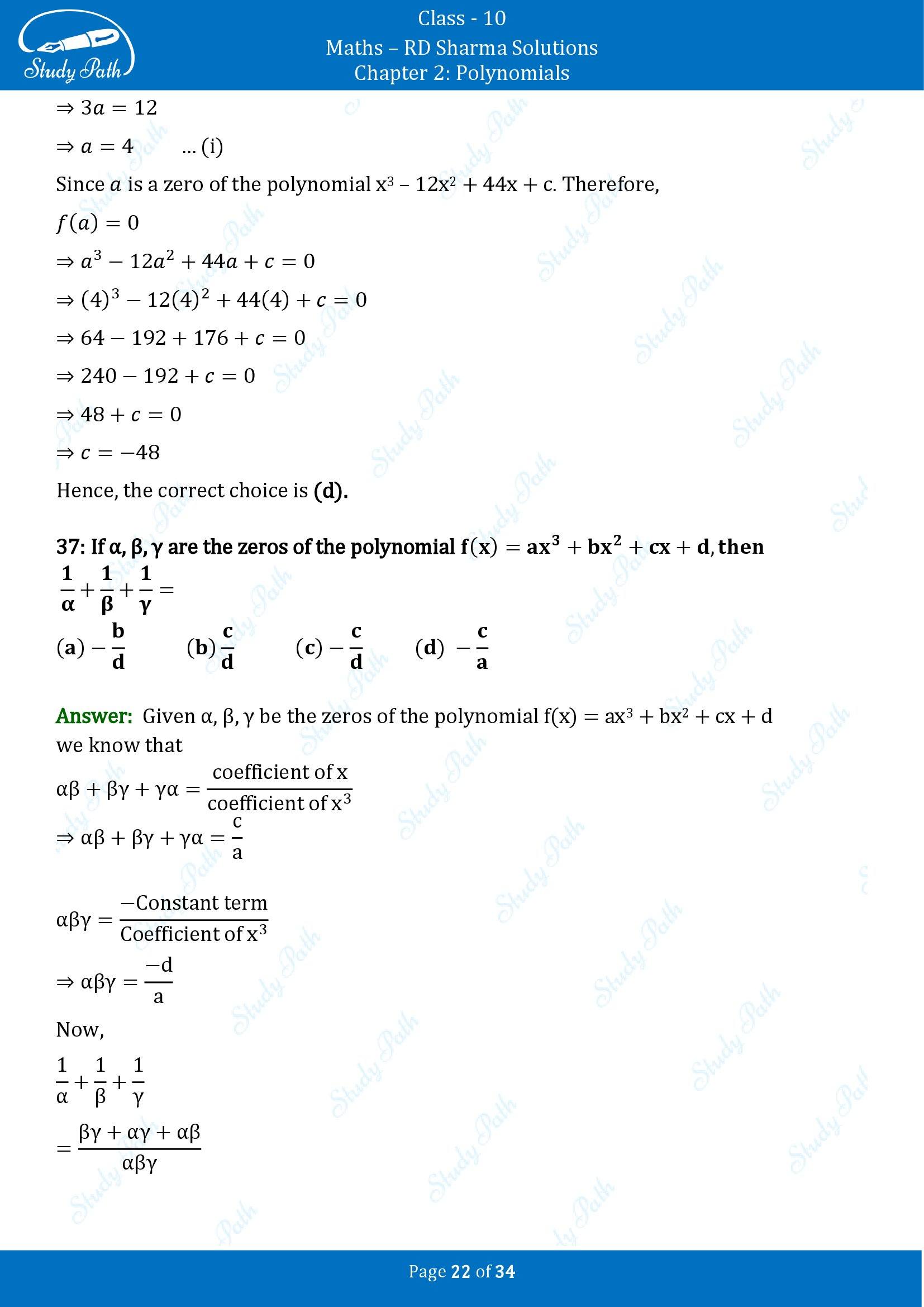 RD Sharma Solutions Class 10 Chapter 2 Polynomials Multiple Choice Questions MCQs 00022