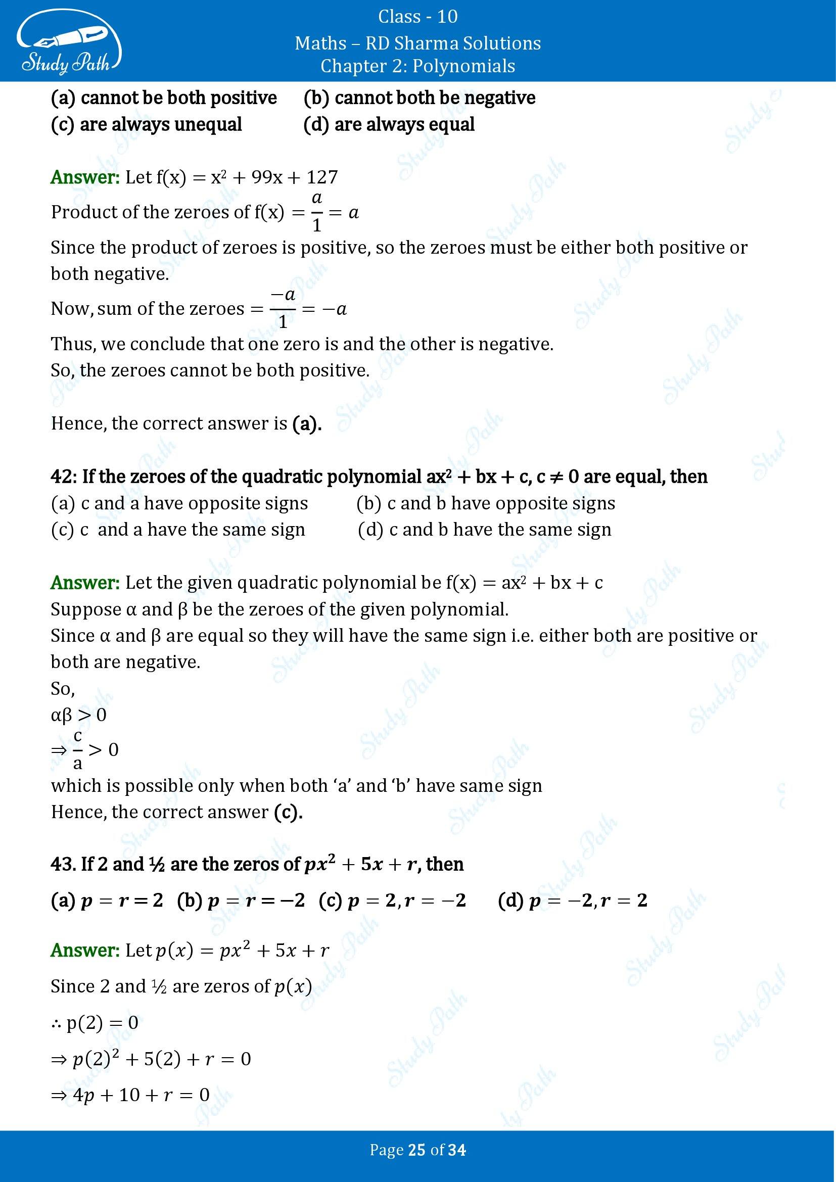 RD Sharma Solutions Class 10 Chapter 2 Polynomials Multiple Choice Questions MCQs 00025
