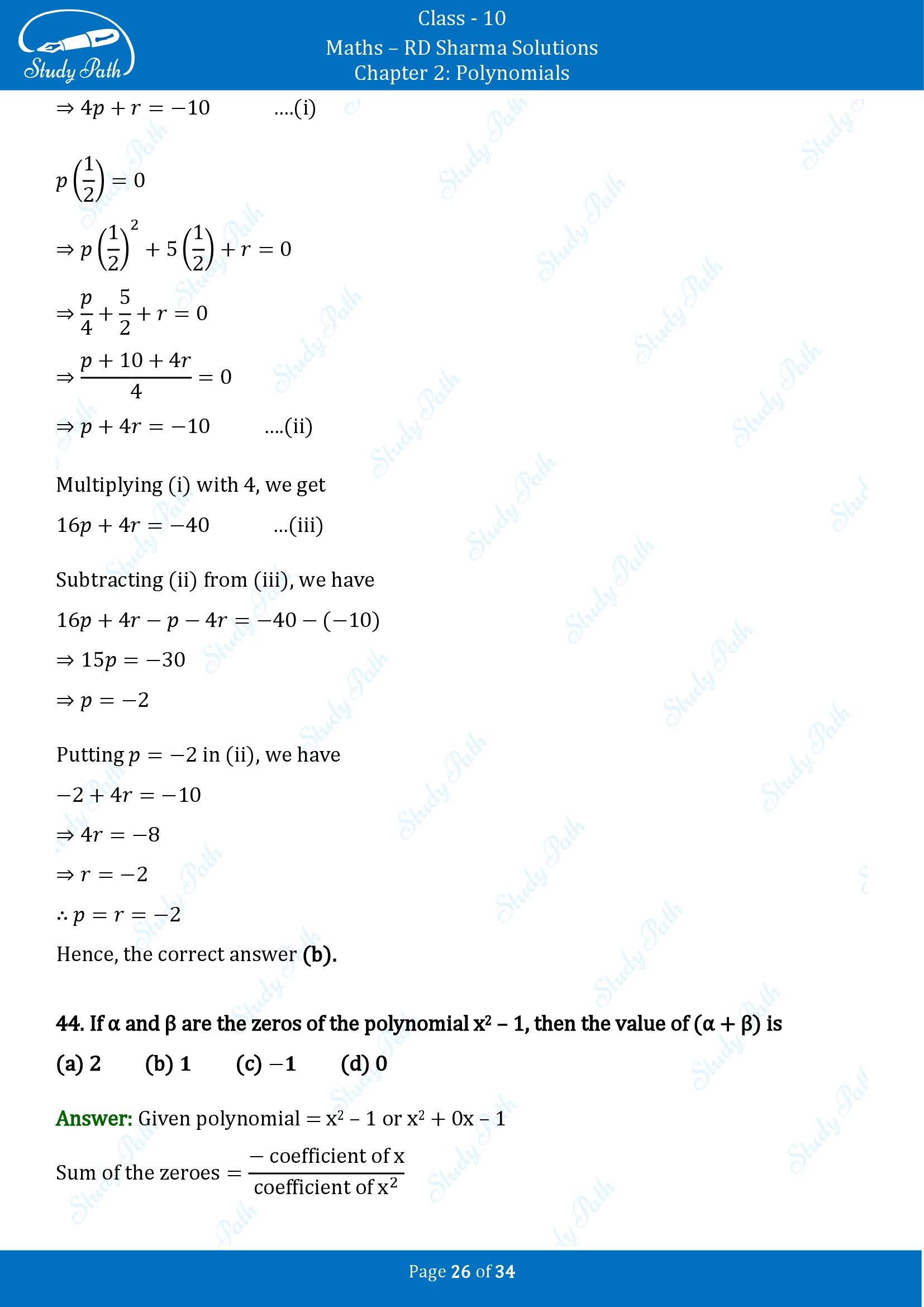 RD Sharma Solutions Class 10 Chapter 2 Polynomials Multiple Choice Questions MCQs 00026