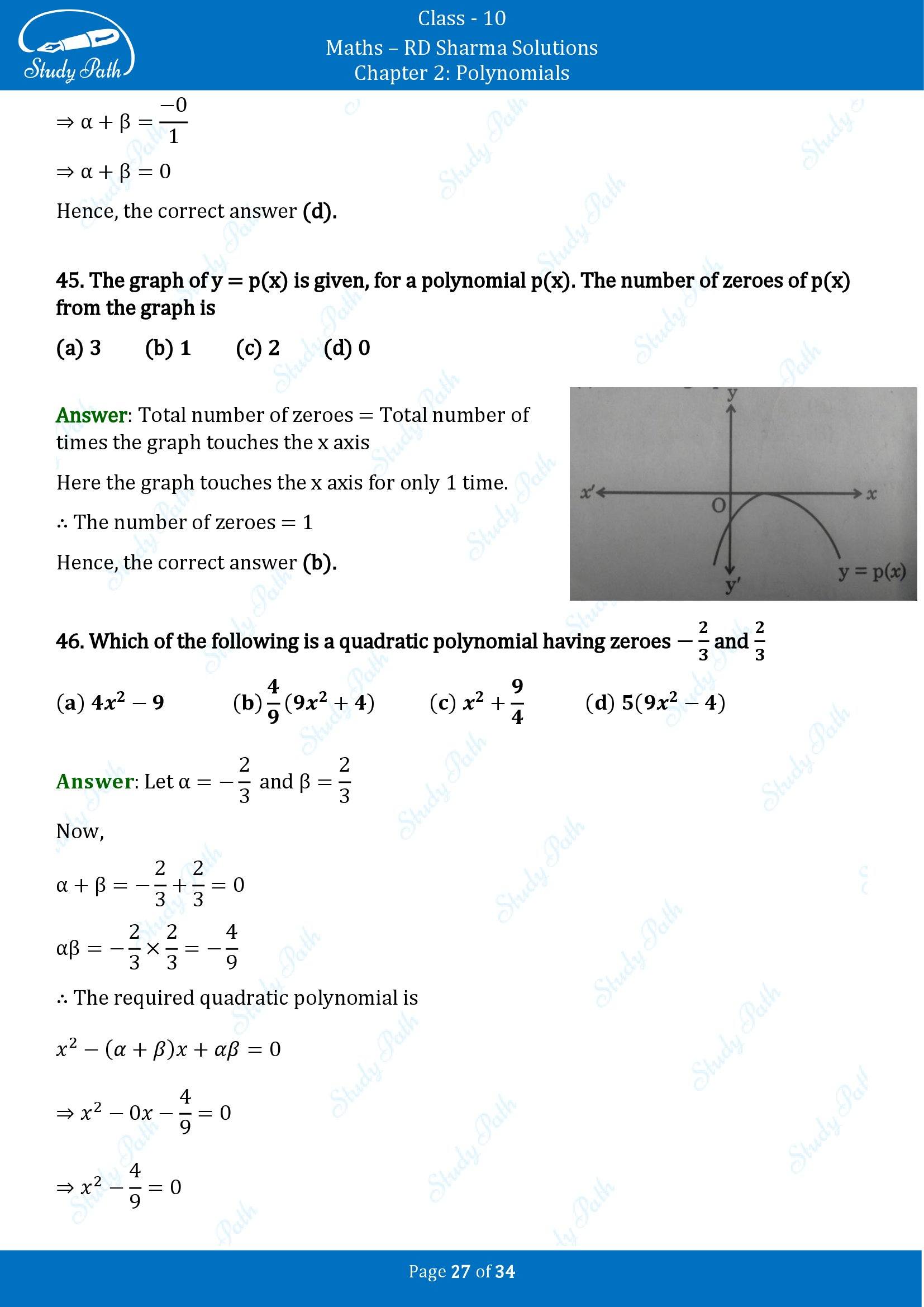 RD Sharma Solutions Class 10 Chapter 2 Polynomials Multiple Choice Questions MCQs 00027