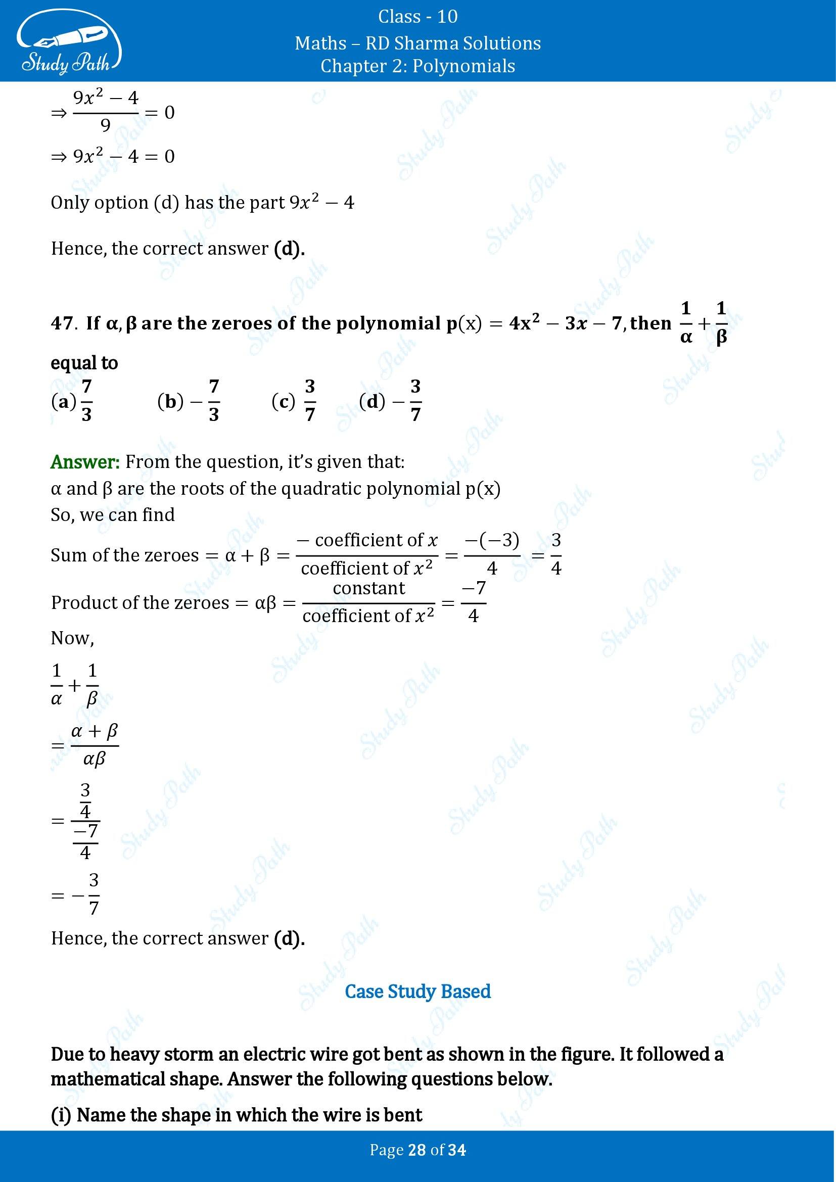 RD Sharma Solutions Class 10 Chapter 2 Polynomials Multiple Choice Questions MCQs 00028